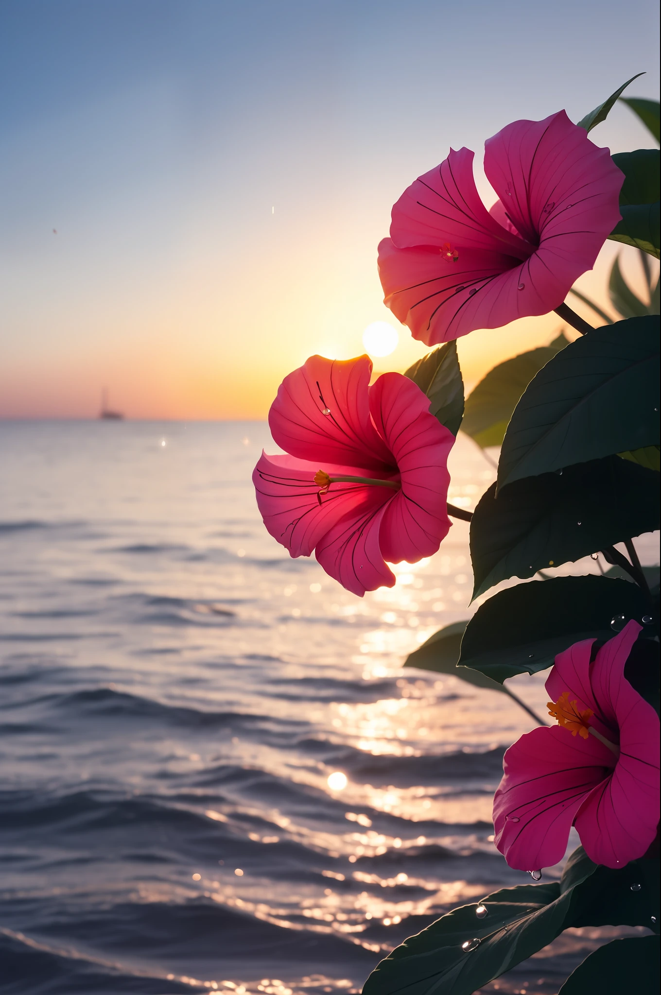 hibiscus Moon with water drops,neon glow, random background, sun rise, bokha mood