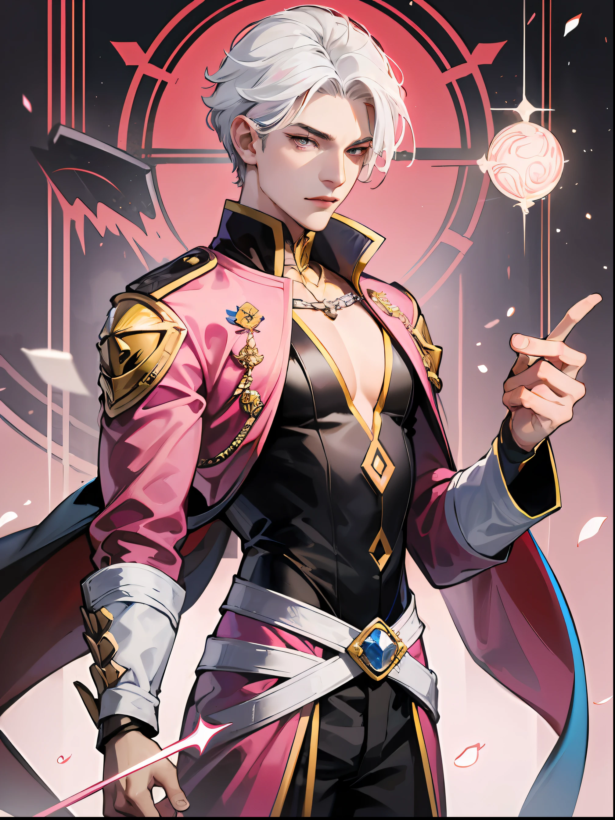 (absurdres, highres, ultra detailed) 1 male, (pink valentine theme:0.8), superhero, white hair, pink colored eyes, casting magic, ((pink magician costume)), battle, villain