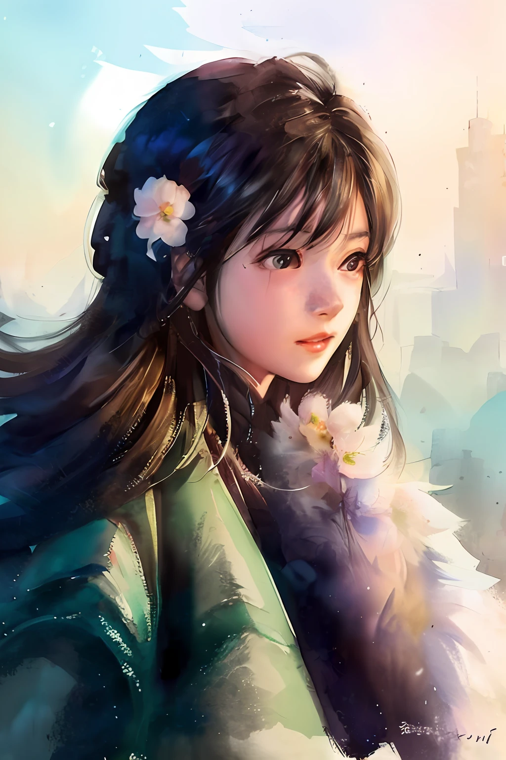 There was a woman sitting in the car,Holding a bouquet of flowers in his hand, carrying flowers, With flowers, Holding flowers, flowers in her dark hair, Middle metaverse, wearing a hoodie and flowers, student, mingchen shen, xintong chen, flower in her hair, Holding a flower, flower head, jiyun chae, xue han