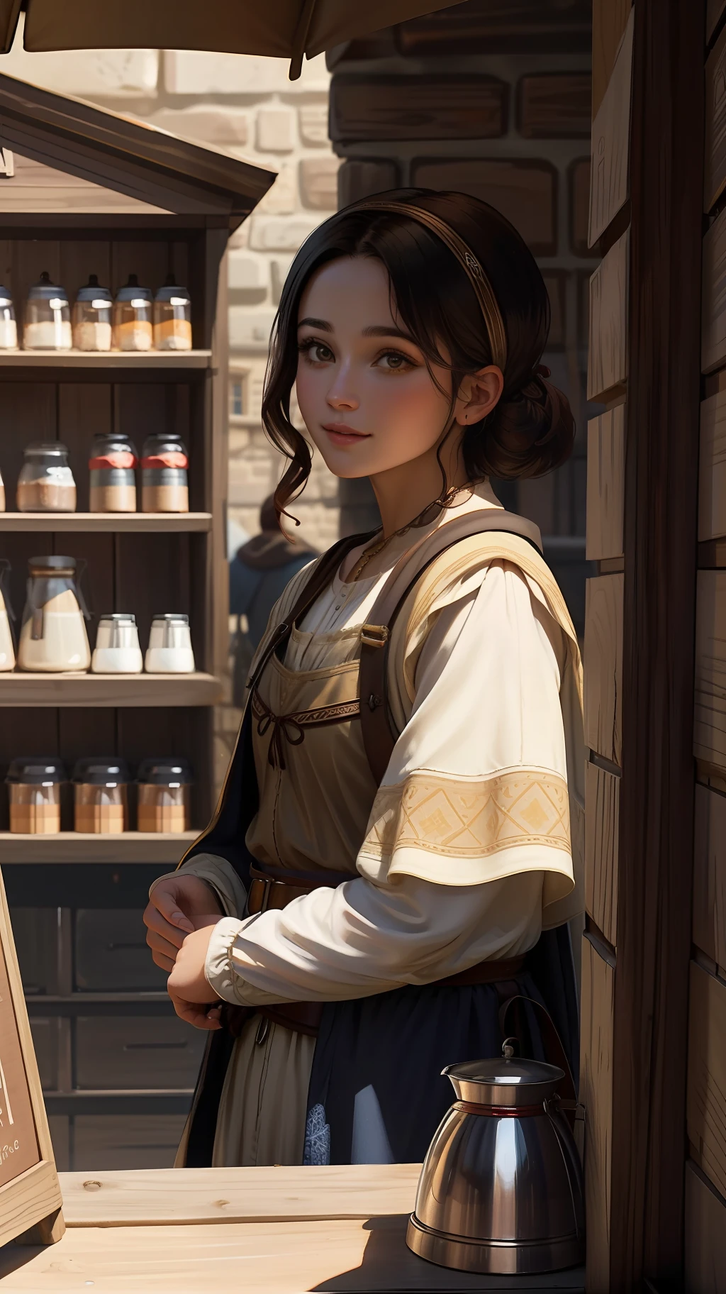 professional photo of vendor (coffee), (medieval shop:1.2),
detailed skin, detailed eyes, character D&D style,
volumetric light, highrez, masterpiece, best quality,