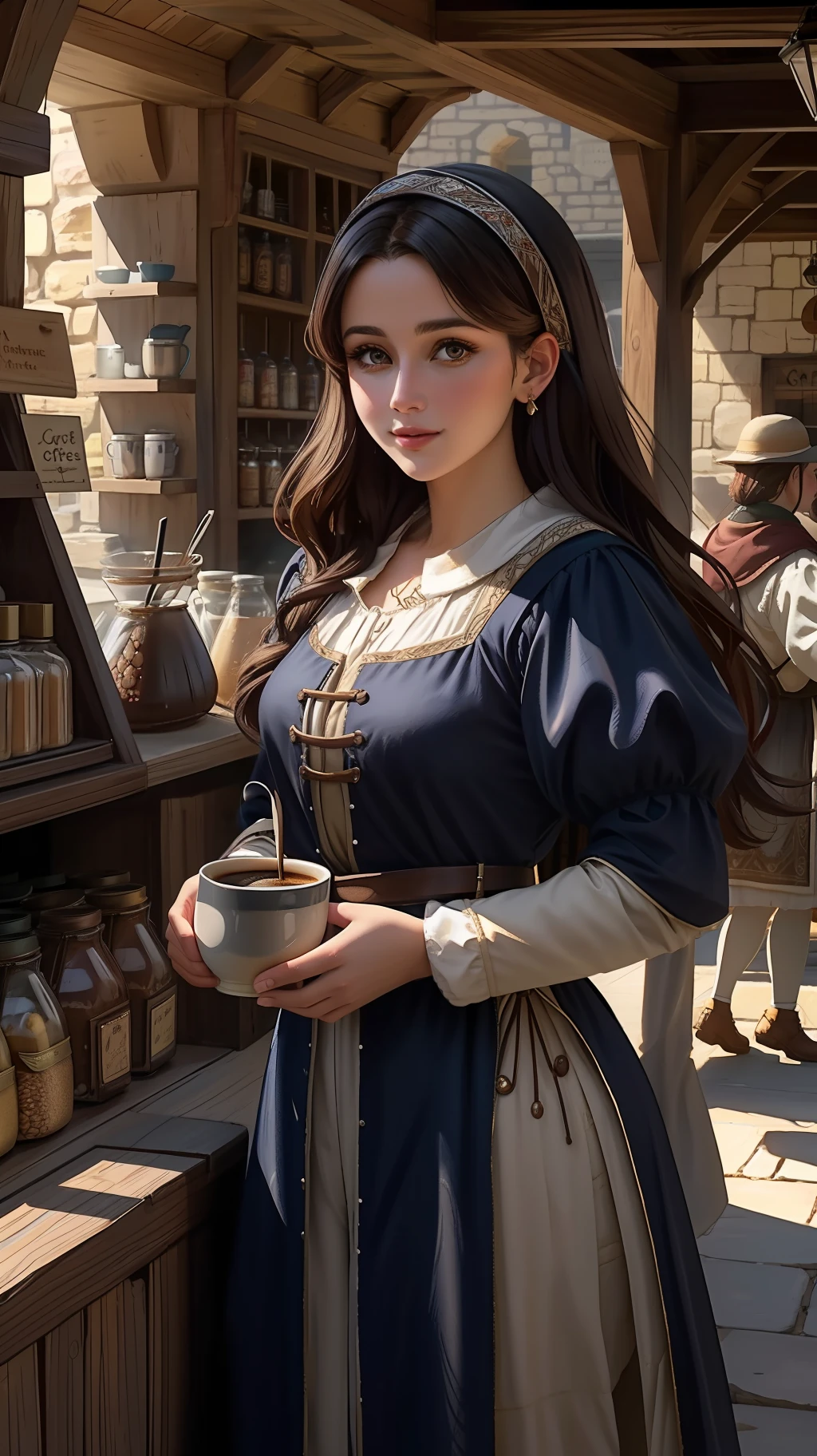 professional photo of vendor (coffee), (medieval shop:1.2),
detailed skin, detailed eyes, character D&D style,
volumetric light, highrez, masterpiece, best quality,