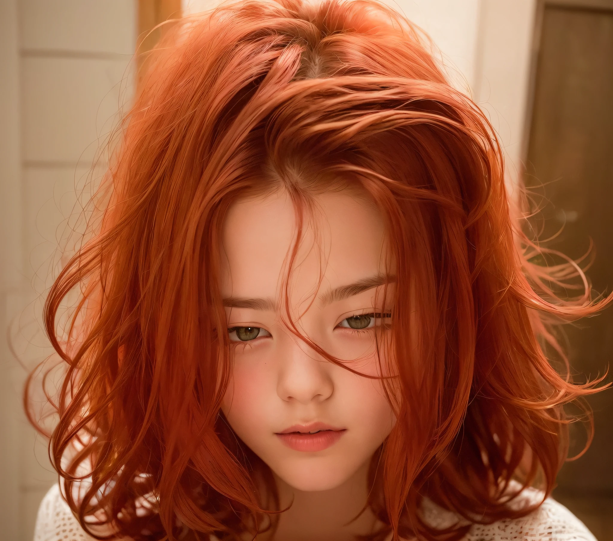 there is a young girl with long red hair looking down, red hair and attractive features, portrait of a red haired girl, soft red hair, flowing ginger hair, red haired girl, ginger hair, wild ginger hair, redhead girl, cute young redhead girl, red hair girl, red head, hair blocking eyes, reddish hair, auburn hair, long loose red hair