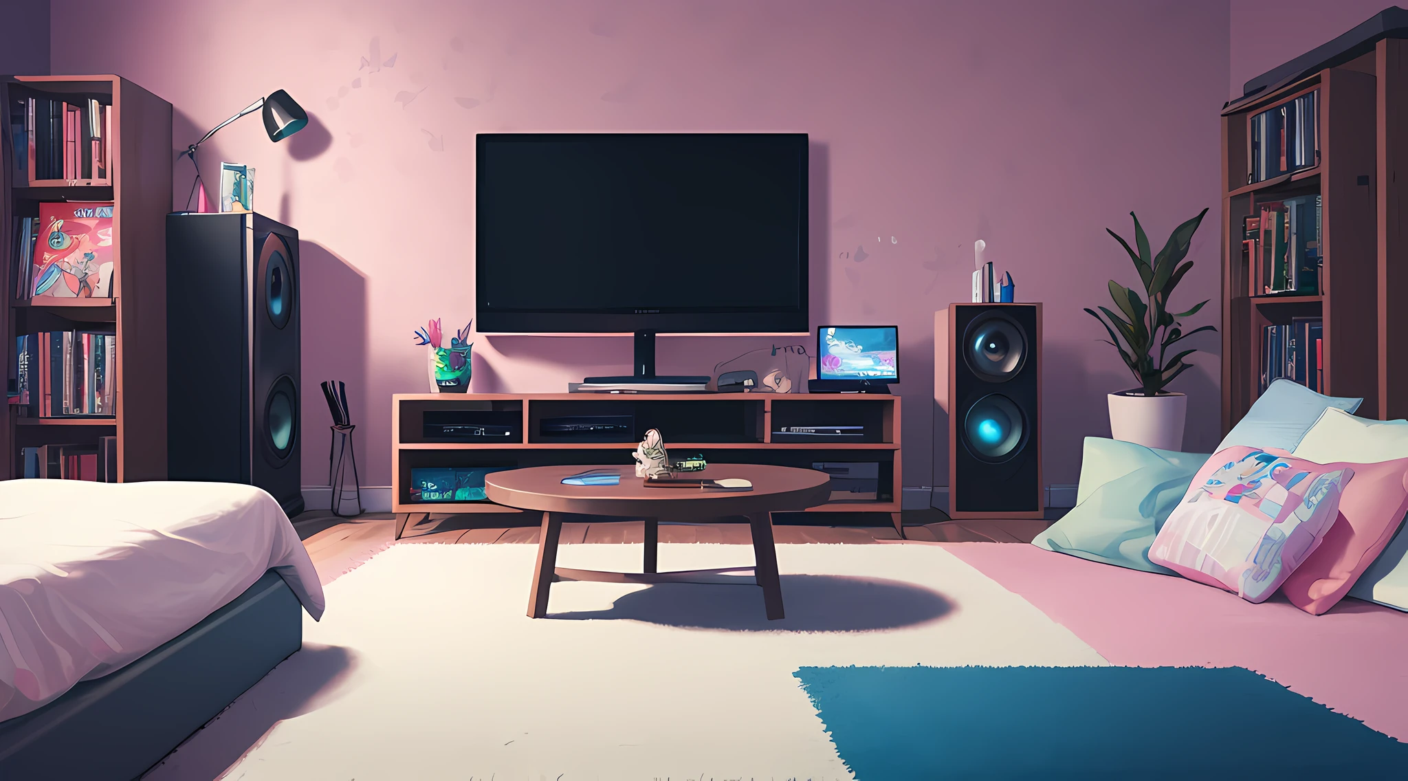 (masterpiece), (best illustration),(no humans), anime background, gaming bedroom, television with large computer, ring lighting , rim lighting,(extremely detailed CG unity 8k wallpaper),(masterpiece), (best quality), (vaporwave style), (ultra-detailed), (best illustration),(best shadow),perfect lighting , perfect anatomy , vivid colors,