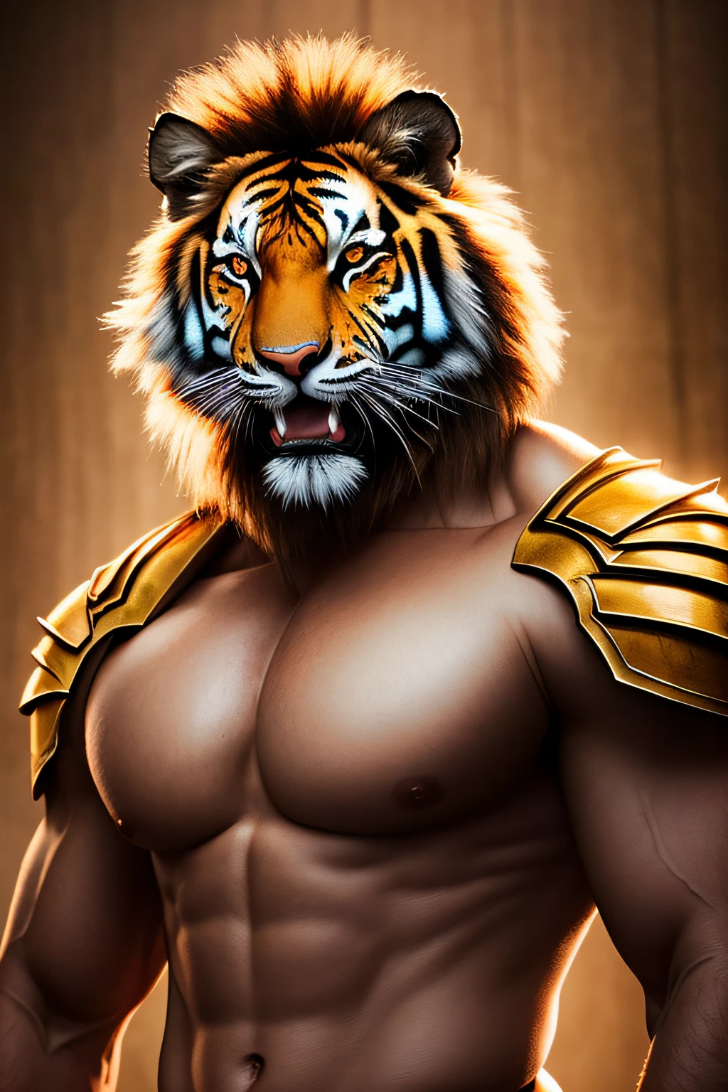 insane detail, standing, full body, painting, realistic lighting, cinematic lighting, real photo, bokeh, detailed face, ((portrait)), masterpiece portrait, detailed face,((realistic)), furry, tiger man, tiger pattern, muscular, muscular man, fans, open mouth, armor, lion, ((mane)), full armor, magma