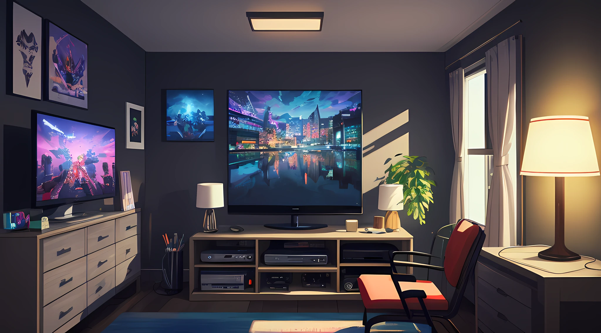 (masterpiece), (best illustration),(no humans), anime background, gaming bedroom, television with large computer, ring lighting , rim lighting,(extremely detailed CG unity 8k wallpaper),(masterpiece), (best quality), (vaporwave style), (ultra-detailed), (best illustration),(best shadow),perfect lighting , perfect anatomy , vivid colors,