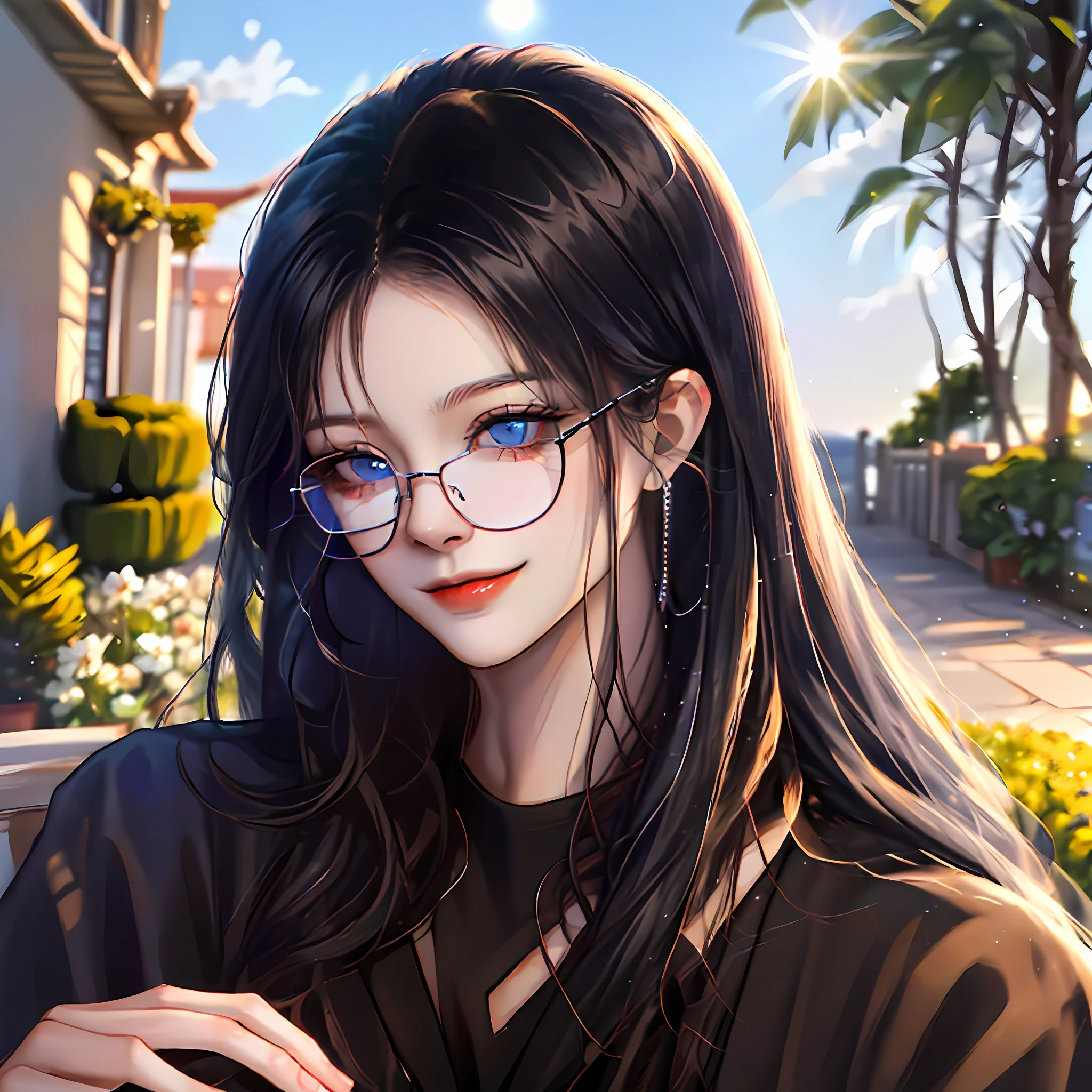 (absurdres, highres, ultra detailed, HDR), masterpiece, best quality, anime boy with black hair, blue eyes and glasses, 1 boy, smile, sunshine,  garden, handsome, long hair, villa, looking at viewer, detailed face, ( black shirt ), cool boy, cold male, 8K, Best Quality, Masterpiece, Ultra High Resolution.