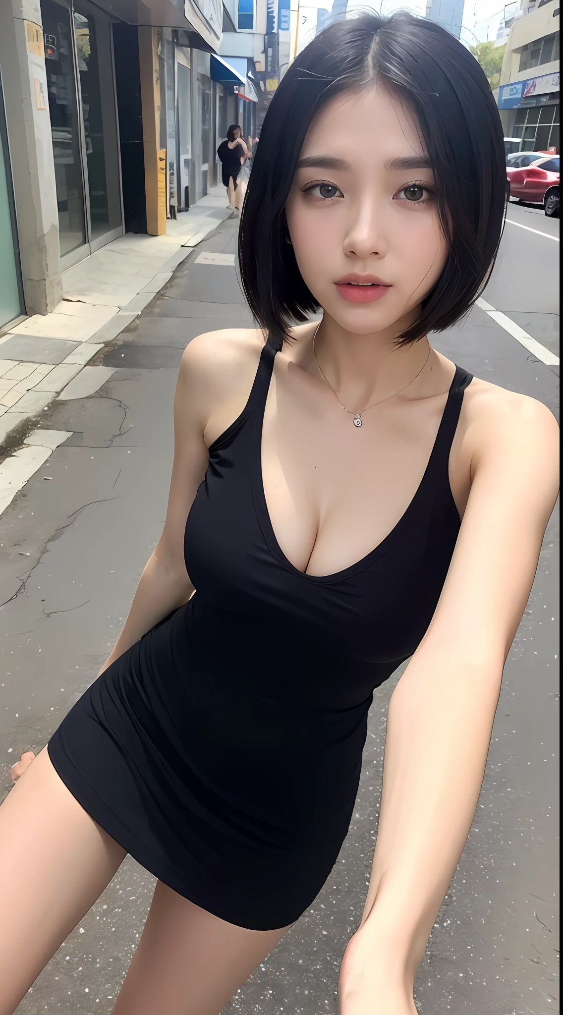 ((Best quality, 8k, Masterpiece :1.3)), Full body, Sharp focus: 1.2, Perfect Body Beauty: 1.4, Slim Abs: 1.2, ((Black hair, Big breasts: 1.2)), Tank top dress: 1.1, (Neon, street: 1.1), highly detailed face and skin texture, detailed eyes, double eyelids