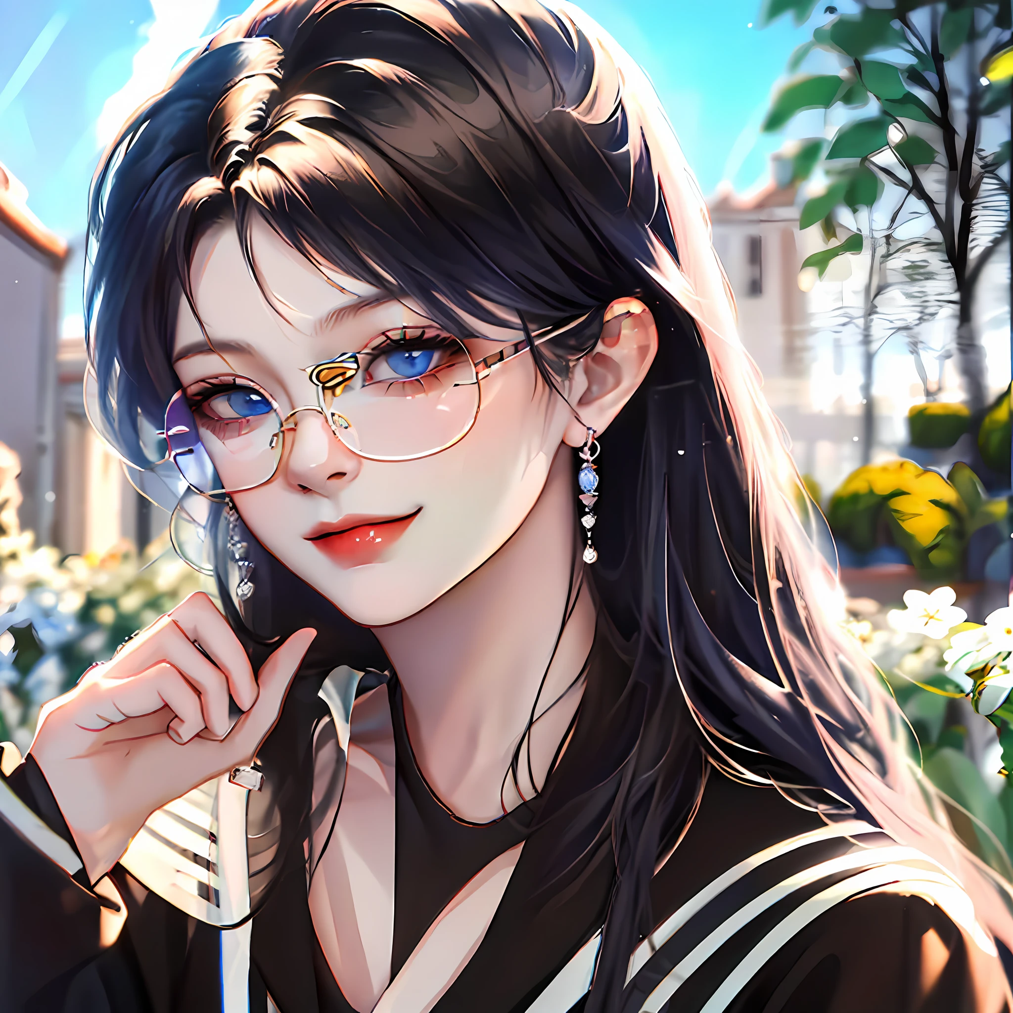 (absurdres, highres, ultra detailed, HDR), masterpiece, best quality, anime boy with black hair, blue eyes and glasses, 1 boy, smile, sunshine,  garden, handsome, long hair, villa, looking at viewer, detailed face, ( black shirt ), cool boy, cold male, 8K, Best Quality, Masterpiece, Ultra High Resolution.