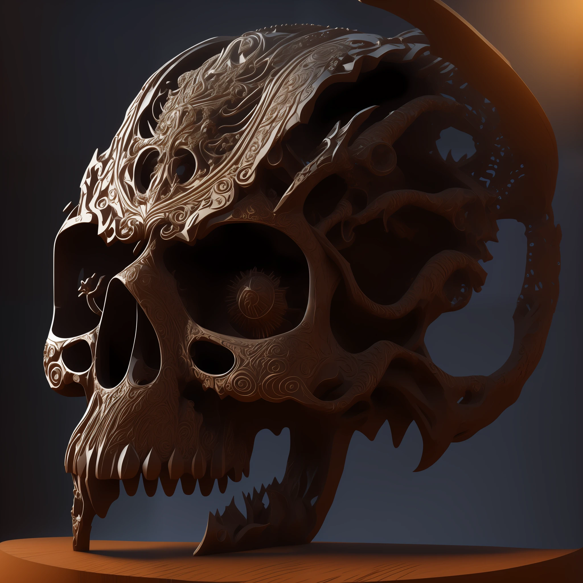 skull with ornate design on top of wooden stand in front of ornate wall, fantasy skull, obras de arte intrincadas. Octane render, 3 d escultura octano render 8 k, Arte 3D digital detalhada, intricate render, of spiked gears of war skulls, detailed intricate render, a skull of an alien creature, 3 d escultura 8 k octano render, Detalhe intrincado Realismo HDR