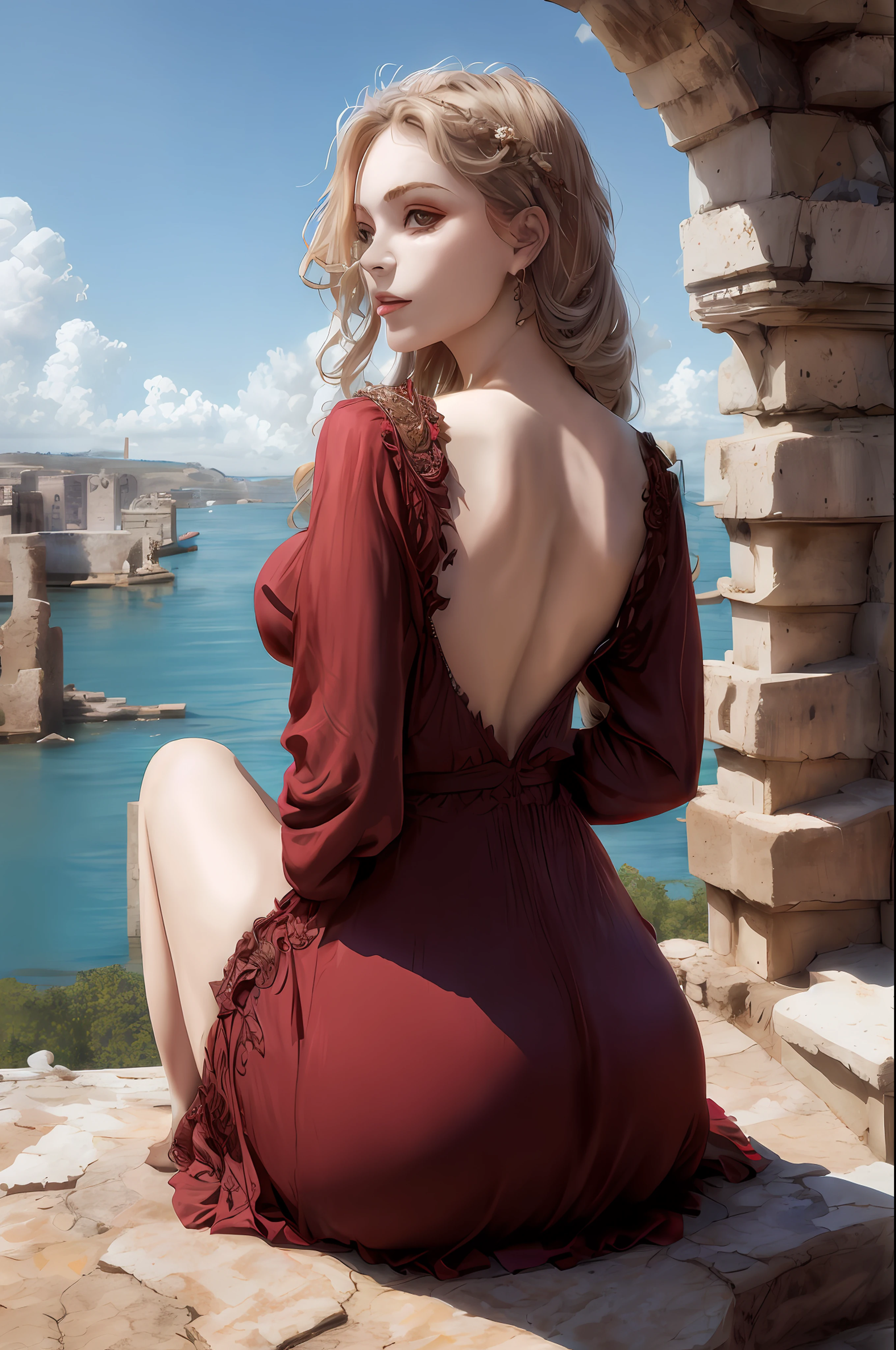 blond woman in red dress sitting on stone ledge overlooking water, karol bak uhd, stunning elegant pose, opened dress, red dress, wearing an elegant dress, curvy accentuated booty, girl wears a red dress, ancient ruins behind her, photo from behind, wearing a red dress, wearing a red dress, open back dress, ornate dark red opulent clothing