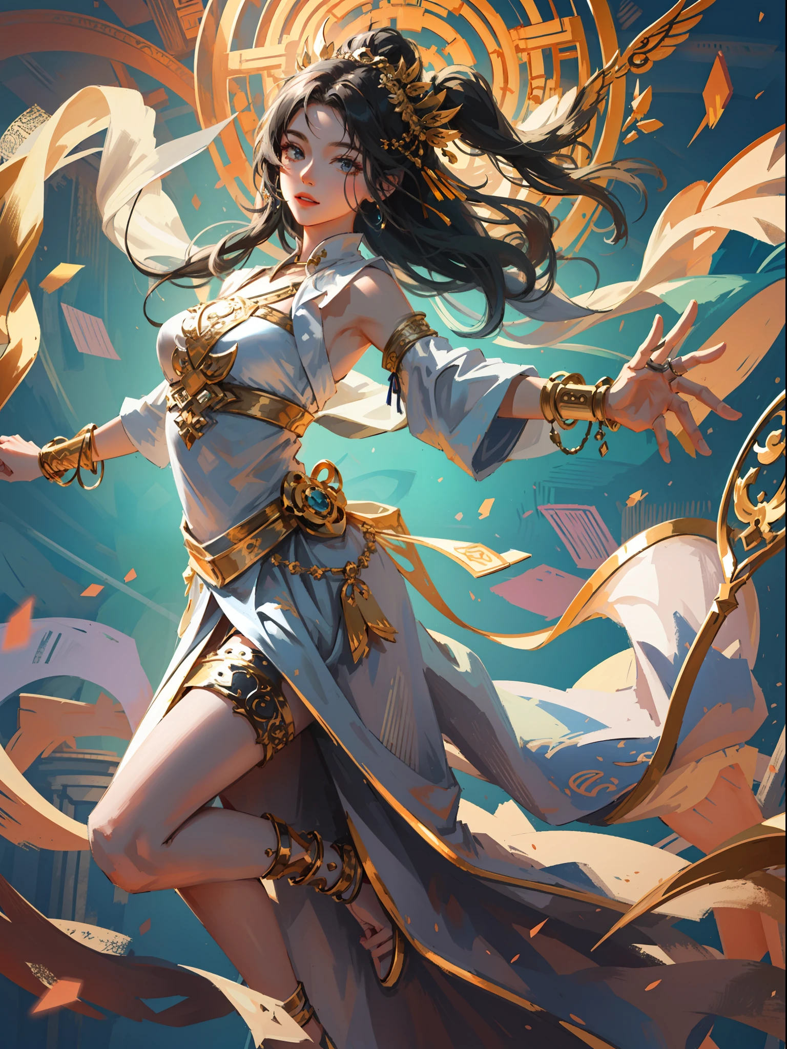 A masterpiece of a Buddhist Guanyin Bodhisattva, white super long hair, flowing long hair, exquisite jewelry, delicate bracelets, exquisite hair accessories, high on the feeling, aperture on the back, bodhisattva, fairy qi fluttering, holding various magic weapons in his hands, golden bracelets on ankles, ancient Chinese costumes, robes, gorgeous silk, flowing tulle, dazzling background, golden aperture on the back, gold Falun on the back, best light, backlit shooting, movie filter, (hands together), (thousand hands Guanyin statue), ultra HD, 8k, fair skin, Wolp_style, duhuang_style, close-up of upper body, detailed face, professional classical dance moves, person floating in the air, (sideways: 1.4), 28 years old, 1girl, fitness marks, slim body, a little muscle, vest line, lean back curved body, digital illustration art, superlative art painting