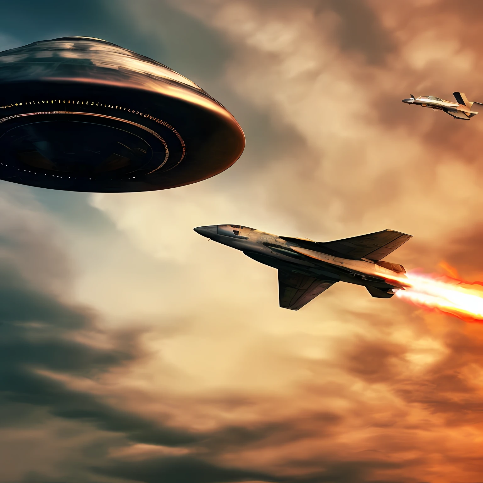 "UFOs and aerial fighters in an epic confrontation."