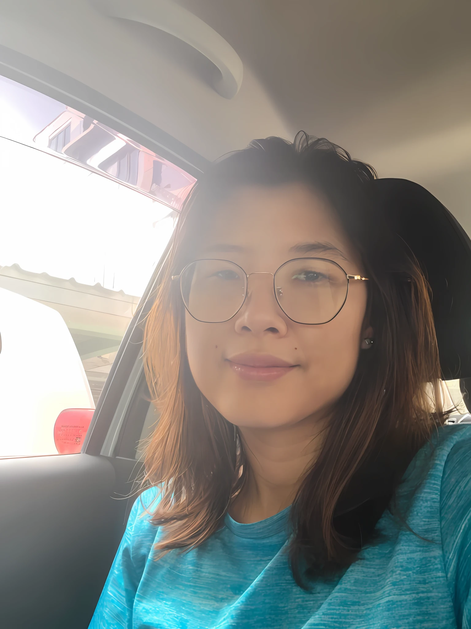 woman in spiderman suit and glasses sitting in car with headphones on, 2 8 , wearing suits