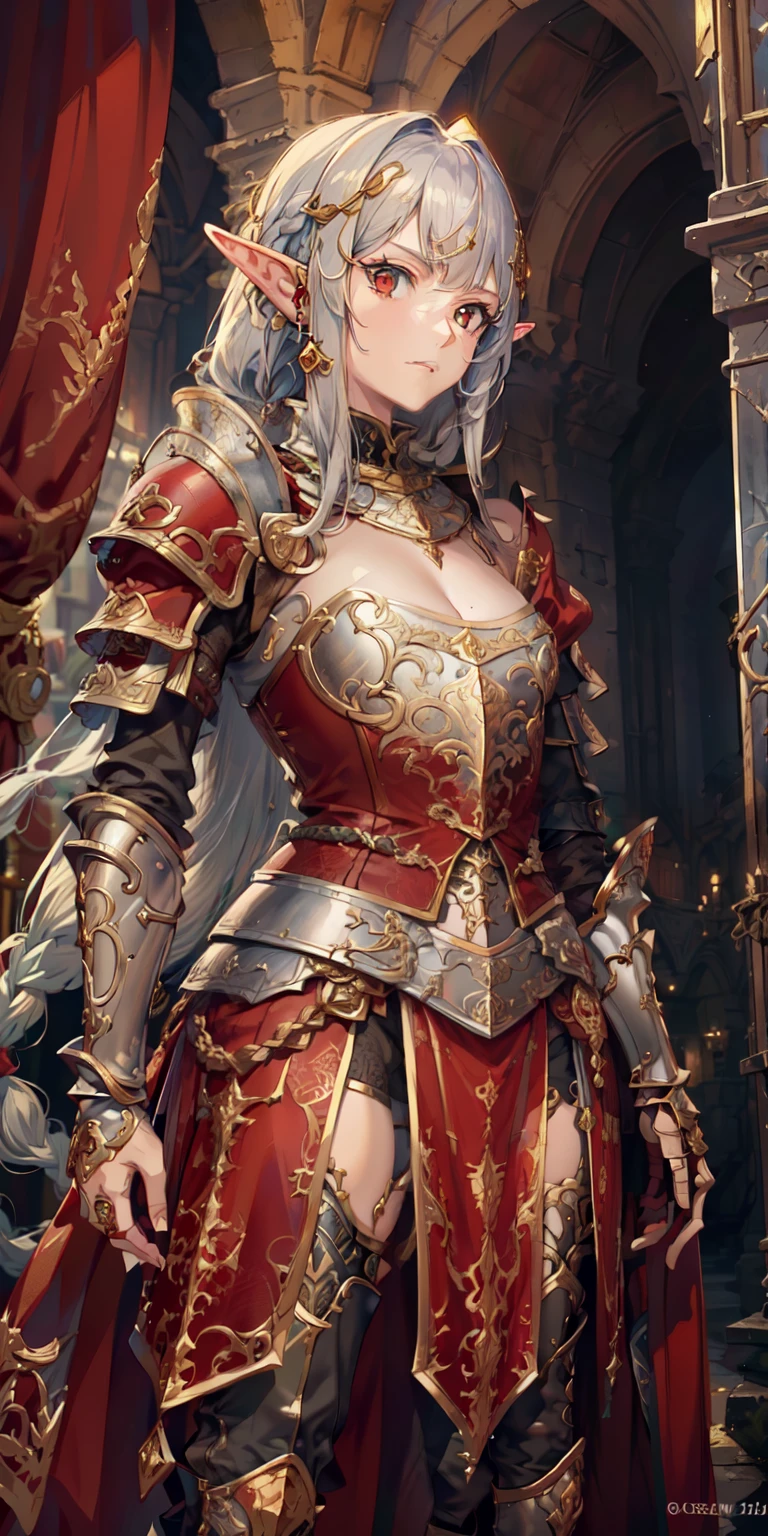 (full plate gothic armor, breastplate, red cape, long plate pants, ), detailed vibrant eyes, Perfect features, (masterpiece), (best quality:1.4), intricate details, moist skin, shiny skin, glossy skin, (masterpiece, best quality, good quality:1.4), intricate details, (detailed background, medieval town, blue sky), (cinematic lighting, best illumination, colorful), (1girl, solo, elf girl, glowing red eyes, short braided hair, silver hair, elven_ears, sharp face, serious face, thicc_thighs, big ass, very wide hip, small breasts, stern look, lean body, perfect hand, tall, gold hair ornament), hands crossed, looking at viewer