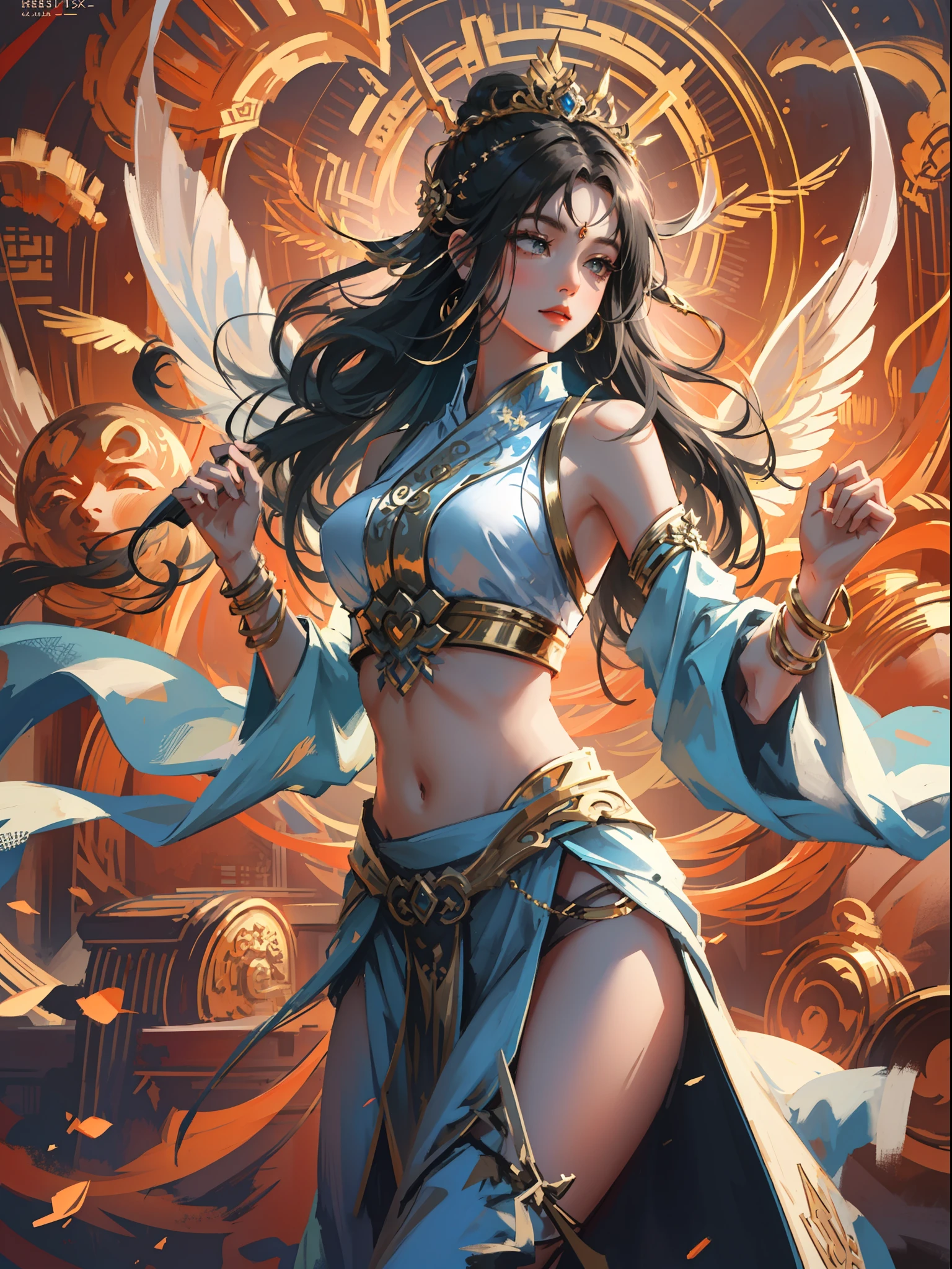 A masterpiece of a Buddhist Guanyin Bodhisattva, white super long hair, flowing long hair, exquisite jewelry, delicate bracelets, exquisite hair accessories, high on the feeling, aperture on the back, bodhisattva, fairy qi fluttering, holding various magic weapons in his hands, golden bracelets on ankles, ancient Chinese costumes, robes, gorgeous silk, flowing tulle, dazzling background, golden aperture on the back, gold Falun on the back, best light, backlit shooting, movie filter, (hands together), (thousand hands Guanyin statue), ultra HD, 8k, fair skin, Wolp_style, duhuang_style, close-up of upper body, detailed face, professional classical dance moves, person floating in the air, (sideways: 1.4), 28 years old, 1girl, fitness marks, slim body, a little muscle, vest line, lean back curved body, digital illustration art, superlative art painting