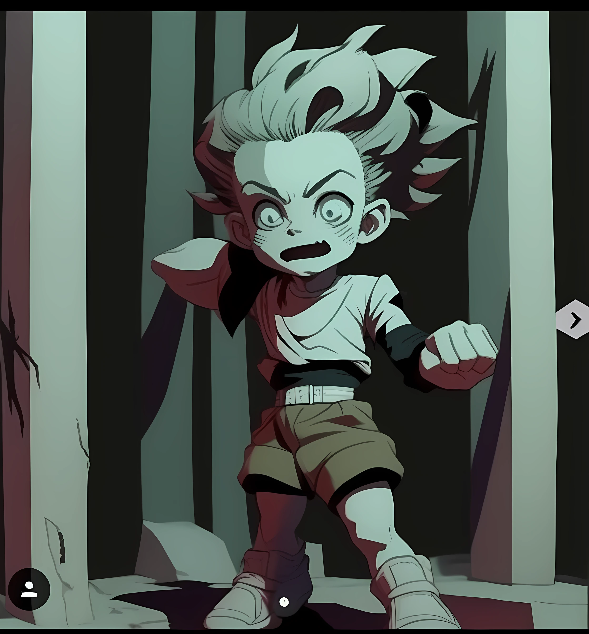 in other action poses other than the short Zumbí, cartoonizado, detalhado, Scary Zumbí Boy 2D, desenho animado