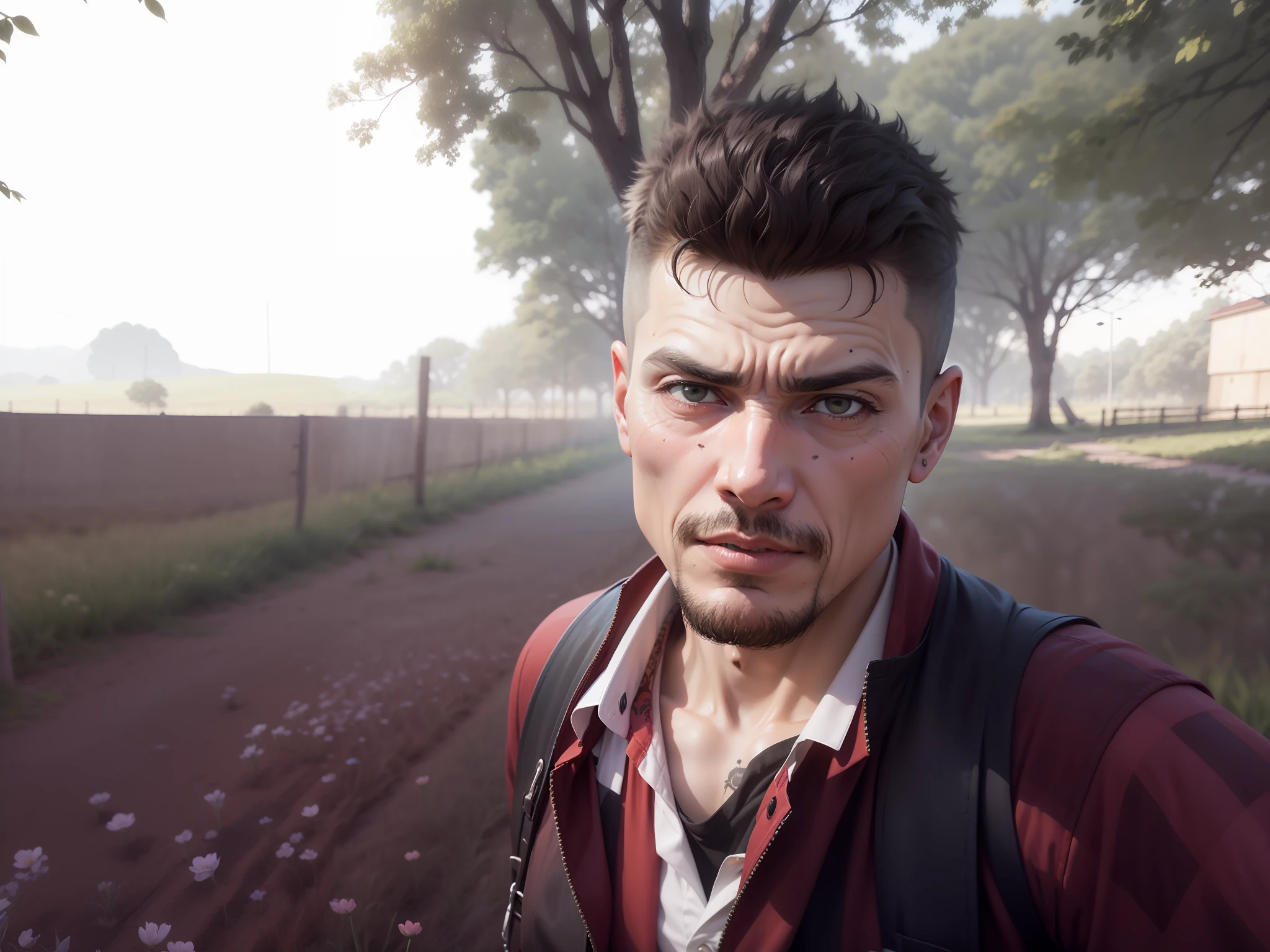 1 zumbi, campo de flores roxas ao lado, ambiente nublado, foto realista, super detalhado
