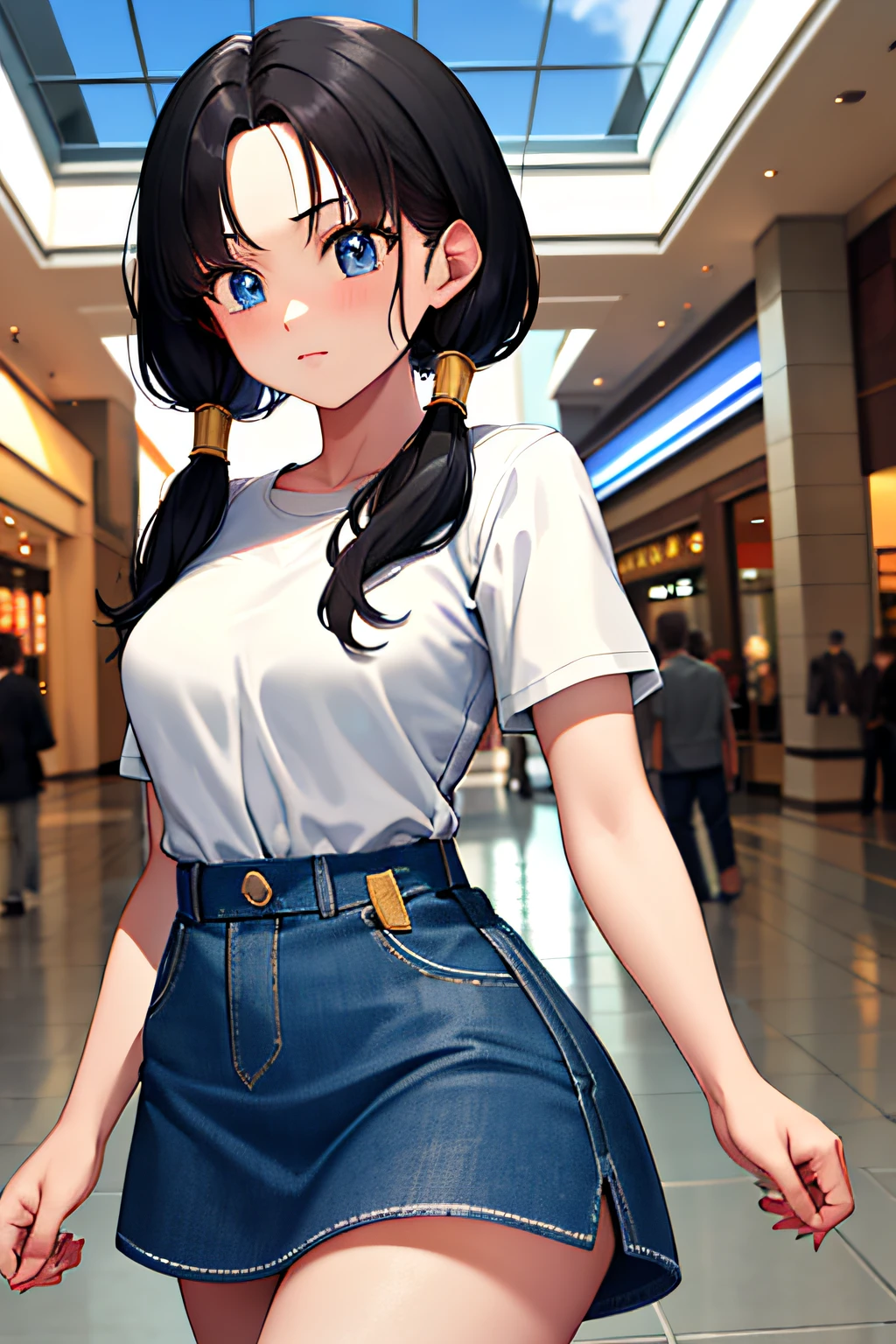 masterpiece, best quality, highres, videl2, solo, blue eyes, black hair, twintails, medium breasts, cowboy shot, mall, high-waist skirt,