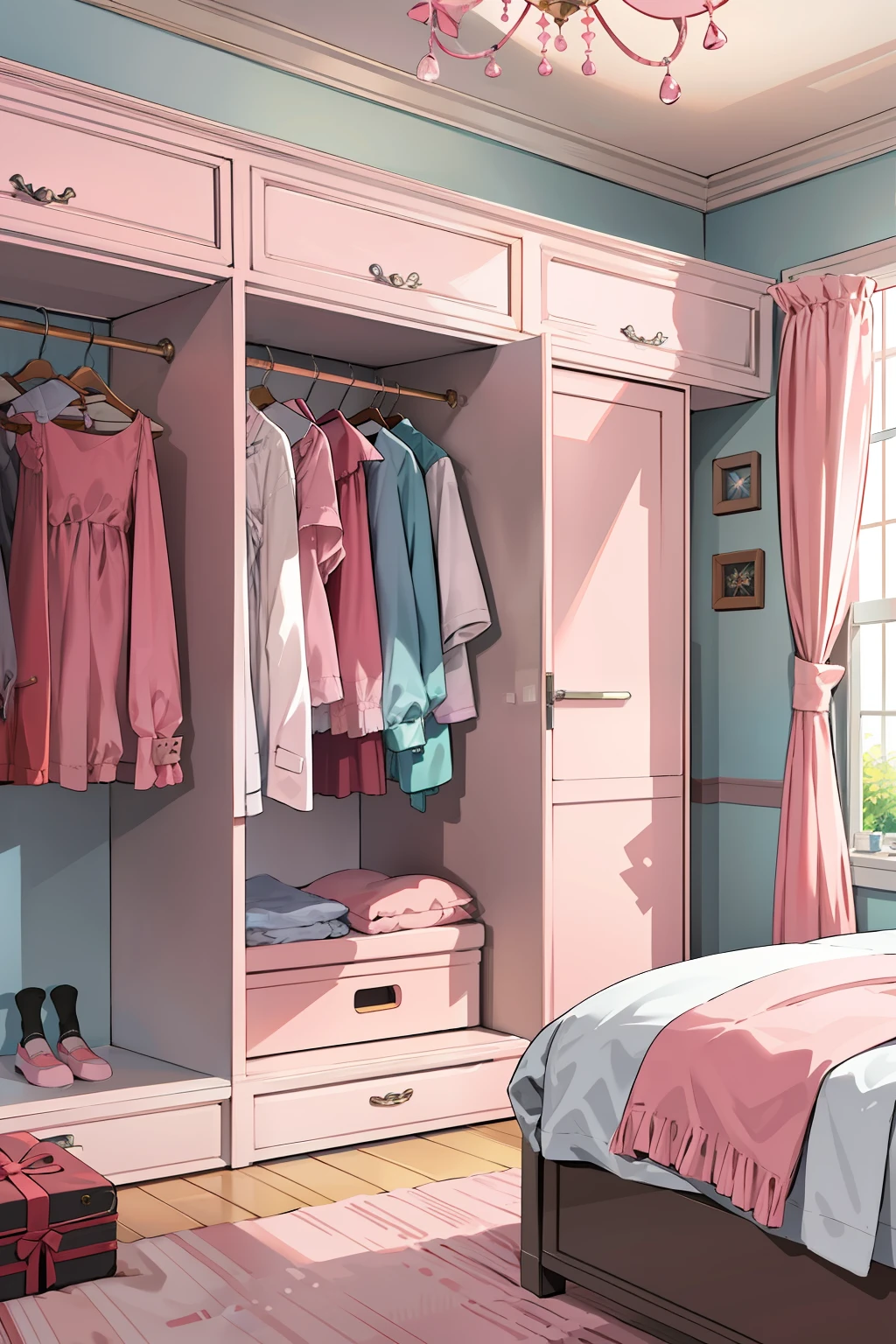 A girls' room，Pink vibe，Wardrobe and bed，no people