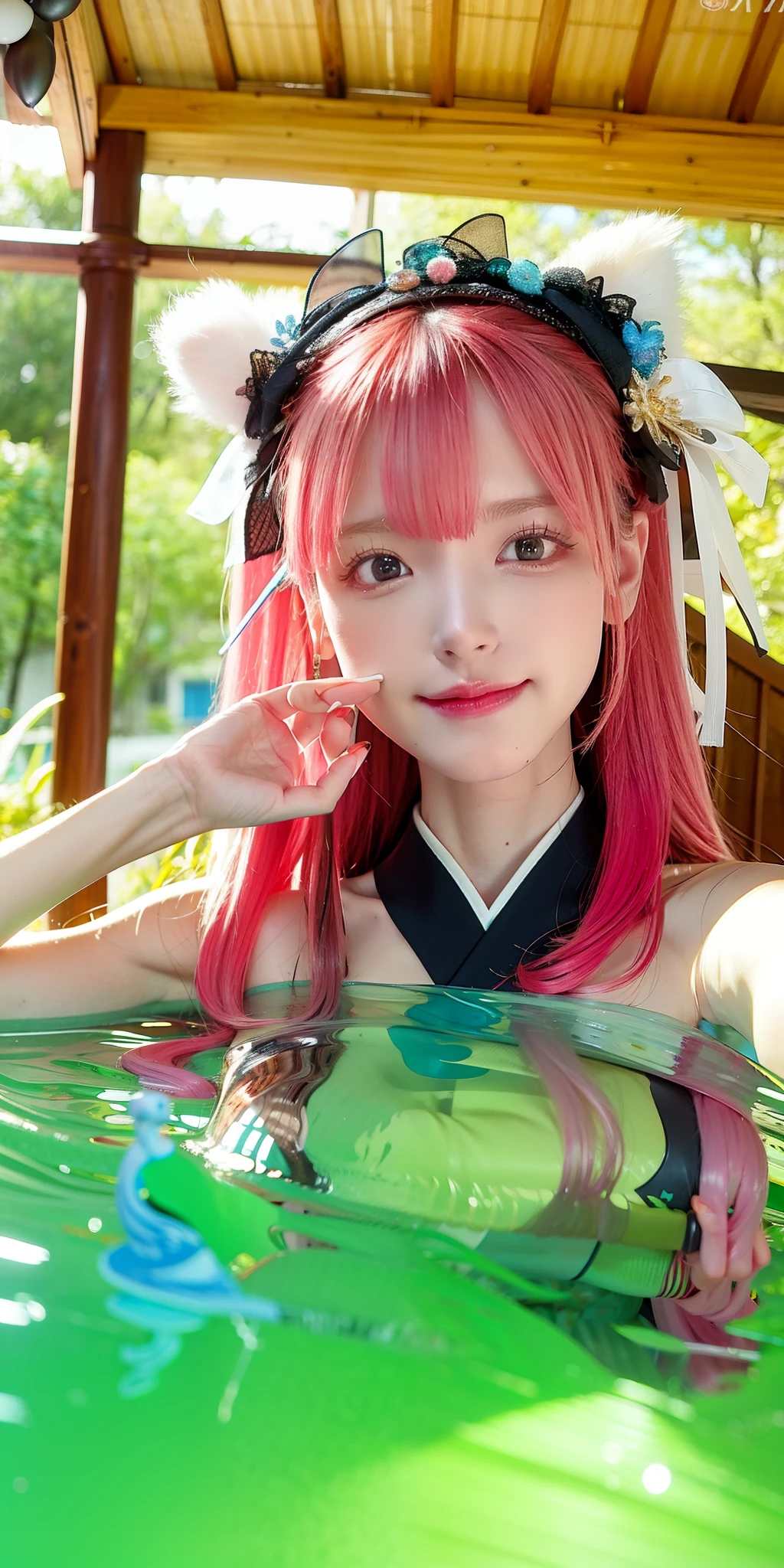 (8k, 4k, best quality, highres:1.2), (maasterpiece, realistic, photo realistic:1.37), 1girl, solo, beautiful face, eyelashes, nose, glossy lips, (detailed eyes, looking at viewer, fair skin, white skin:1.5), fine complexion, upper body,
large breasts, busty,,,
outdoor onsen,
two side up, absurdly long hair, blonde hair, pink hair, bangs, hair ornament, bow,
younger, aged down,