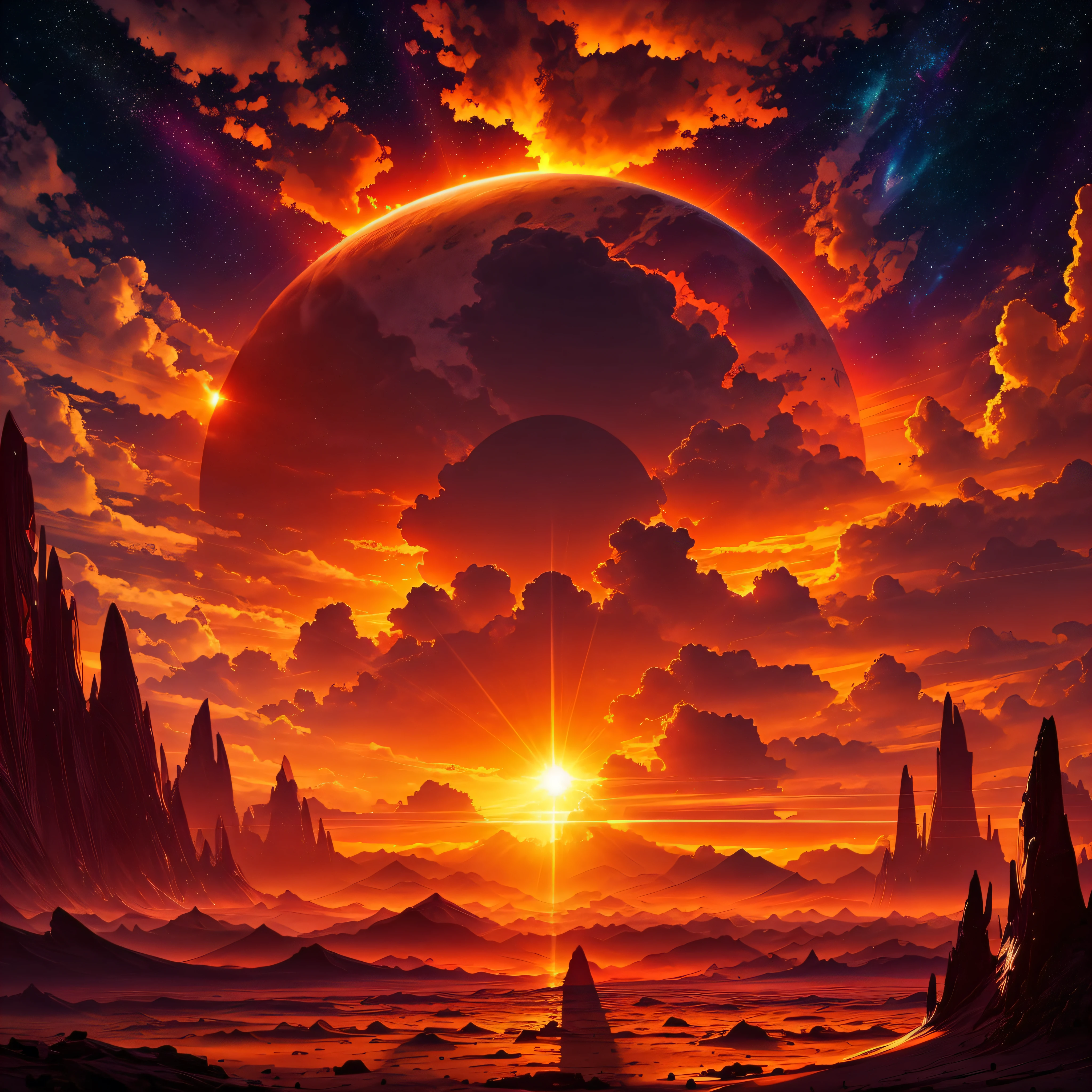 Stunning sunset on a new planet with lots of vibrant colors and warm lighting. The sun's rays break through the clouds, creating dynamic shadows on the scenery. Highlights include the soft silhouette of a throne of hidden glory