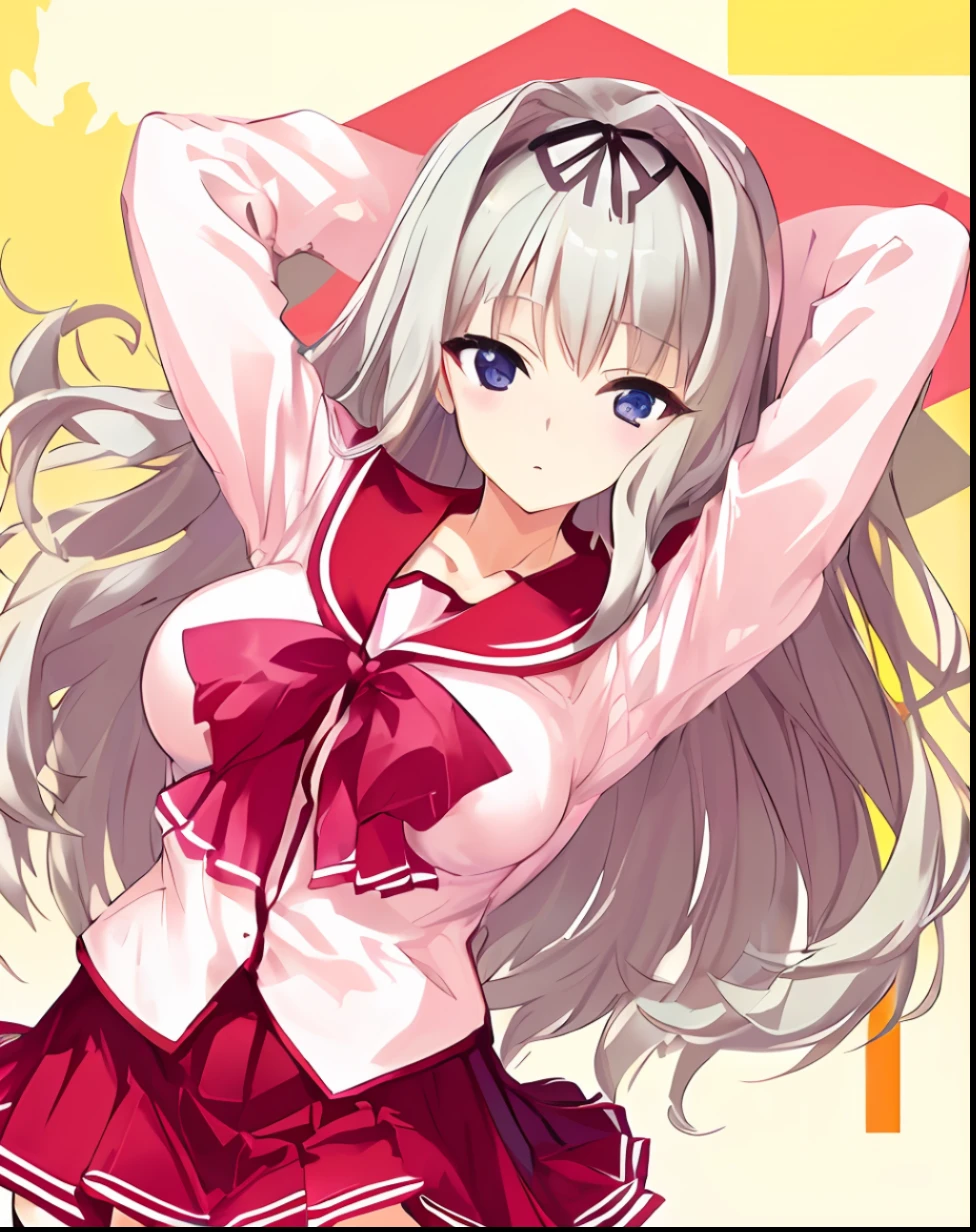 (((A Masterpiece、maximum quality、High resolution1.4)))、Lying on the bed、all over the body、black-thigh-highs、huge  tits、Beautiful legs、White background、Grown-up、Bewitching look、Arms behind your head、Landscape、Long blonde wave、Dressed in a pink sailor suit、Red miniskirt with red collar、Red ribbon、(((Delicate face 1.4)))、Beautiful anime schoolgirl。