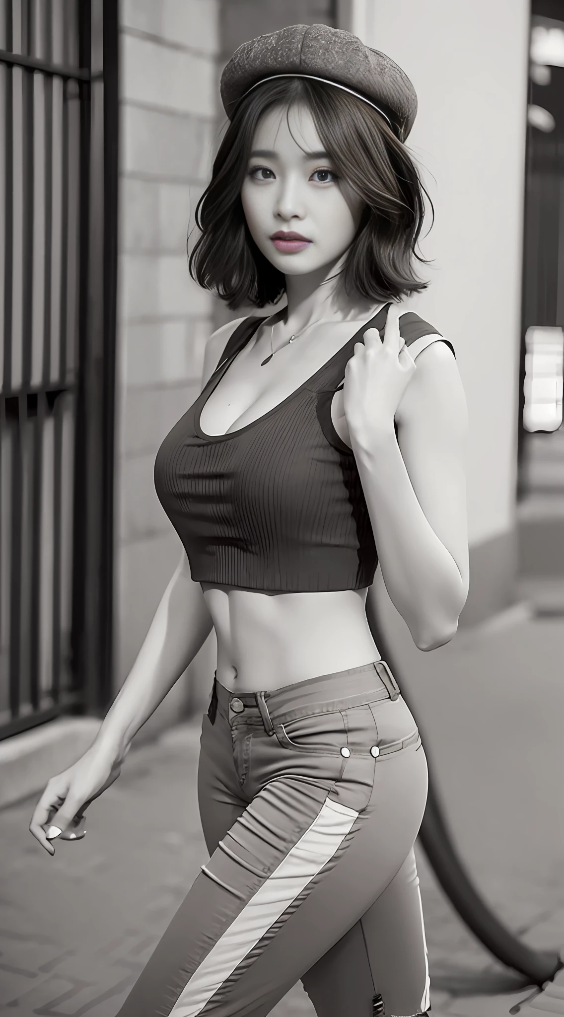 ((bestbestquality, 8k, A Masterpiece:1.3)), (Flower Cap:1.3),Focus:1.2, Perfect body beauty:1.4, Cocked buttocks:1.2, ((Cut hair in layers:1.2)), , (dark Street:1.3), Highly detailed facial and skin texture, all over the body,detailed eye, Double eyelid，Whiten skin，long long hair,(Round face:1.5),(Loose crop top,pants short:1.6),(Solid color top:1.9)