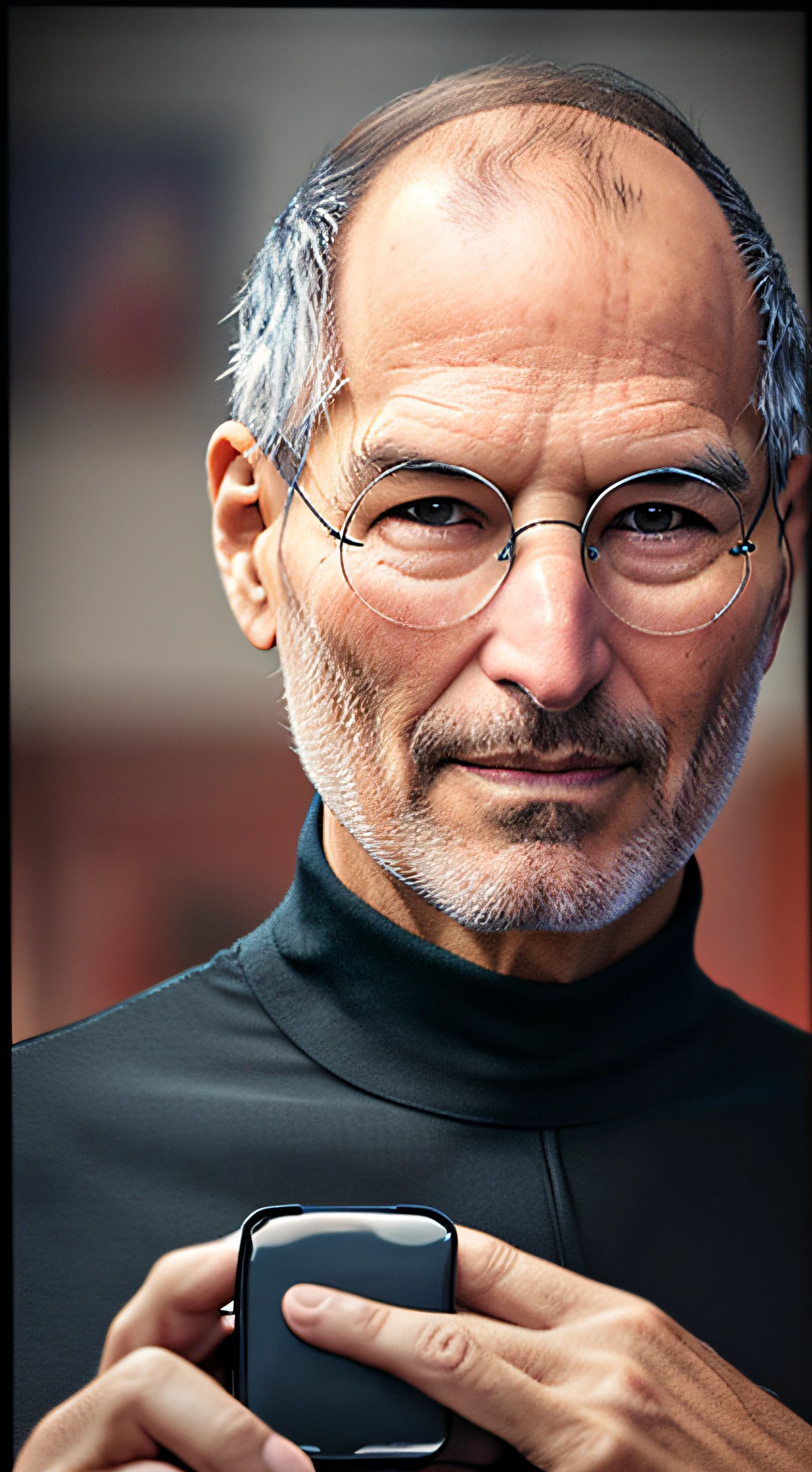 Old male, 1man, very Steve Jobs, thin, drawn, confident, generous, frowning, smile, no hair, black turtleneck shirt, simple framed glasses, front look, portrait, 4k, high-res, masterpiece, best quality, sharp focus, cinematic lighting, lighting behind,
