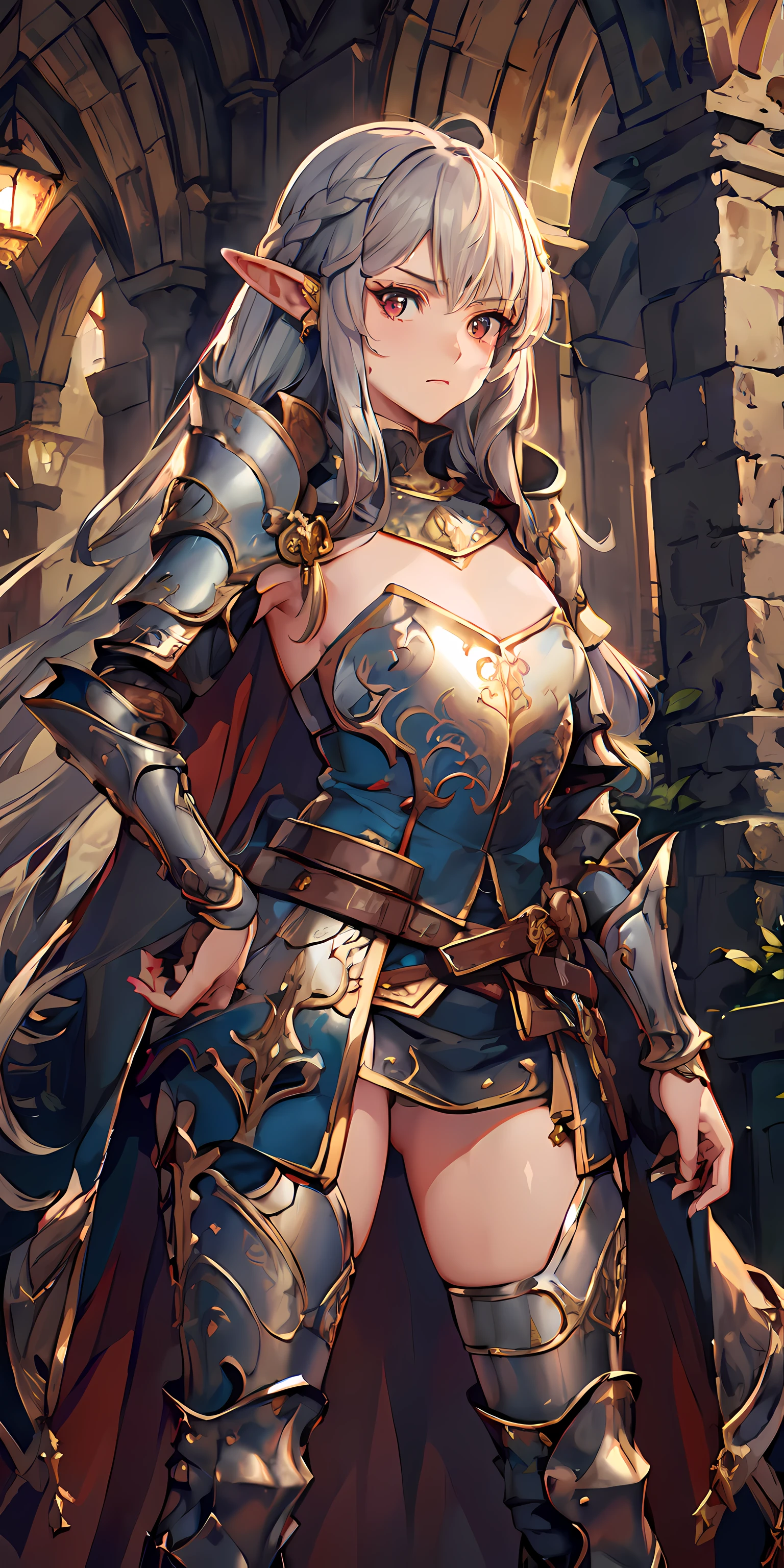 (full plate armor, breastplate, cape), detailed vibrant eyes, Perfect features, (masterpiece), (best quality:1.4), intricate details, moist skin, shiny skin, glossy skin, (masterpiece, best quality, good quality:1.4), intricate details, (detailed background, medieval town, blue sky), (cinematic lighting, best illumination, colorful), (1girl, solo, elf girl, glowing red eyes, short braided hair, silver hair, elven_ears, sharp face, serious face, thicc_thighs, big ass, very wide hip, small breasts, stern look, lean body, perfect hand, tall), hands crossed, looking at viewer