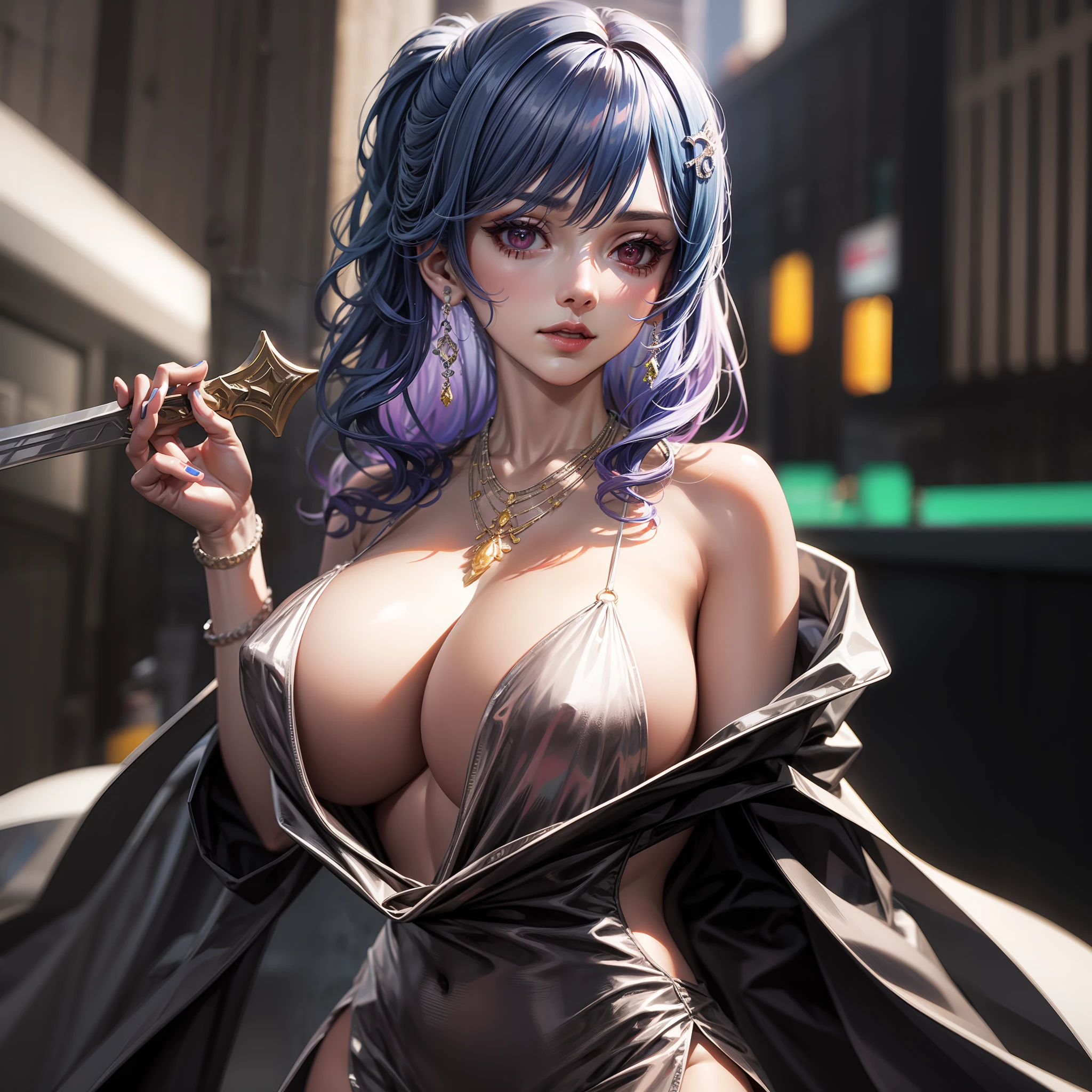 Huge busty boobs, bunny girl in silver dress and red cape, holding a sword, IU Lee Ji-eun as supervillain, charming cosplay, elegant and charming cosplay, anime girl cosplay, inspired by Hajime Sorayama, albedo from Overlord, Range Murata and Artgerm, shot on Canon EOS R 6, cosplay photo, cosplay, full of big breasts