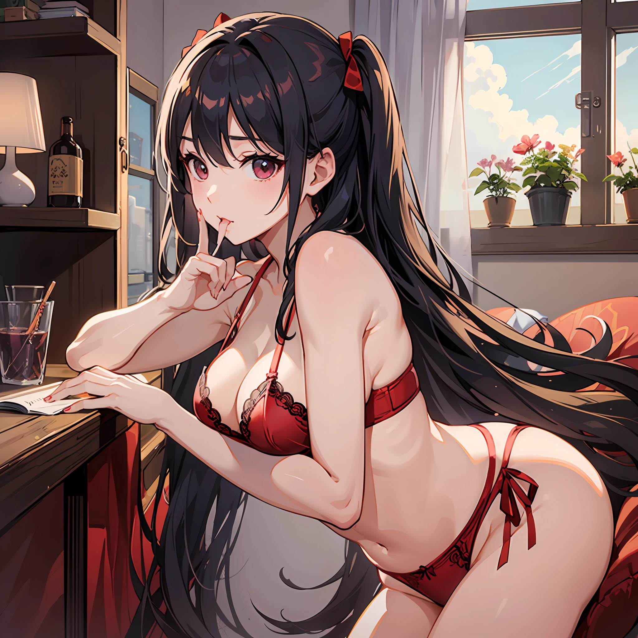 Very delicate and detailed body、Outstanding style、kawaii girl、Red underwear、Red stockings、Finger bite、