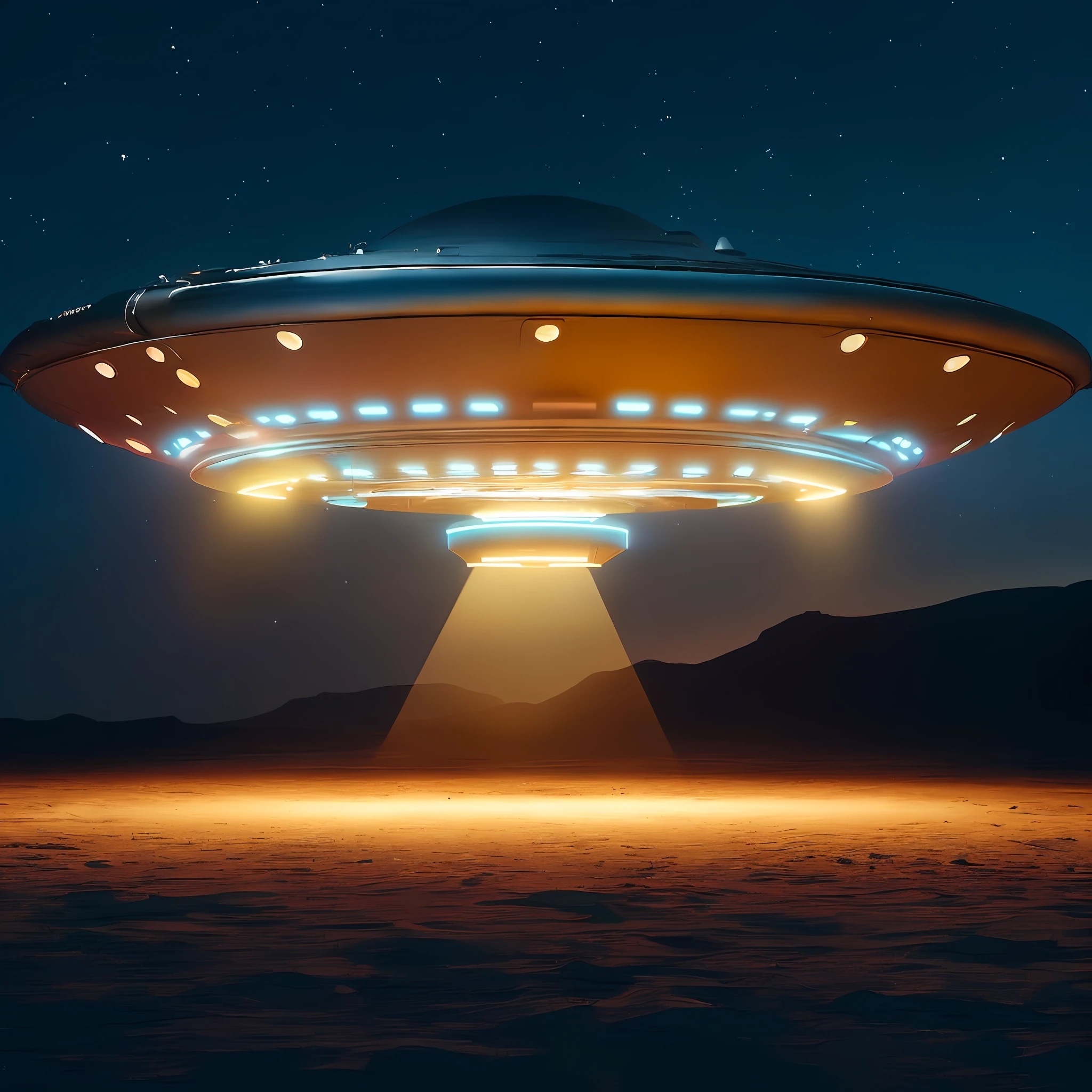 (UFO no deserto:1.5|Nave espacial no deserto|Desert night scenery|Areia amarela fina e macia|Bright starry sky|Enigmatic silhouette of the ship|Feixes de luz coloridos saindo da nave|Atmosfera misteriosa)