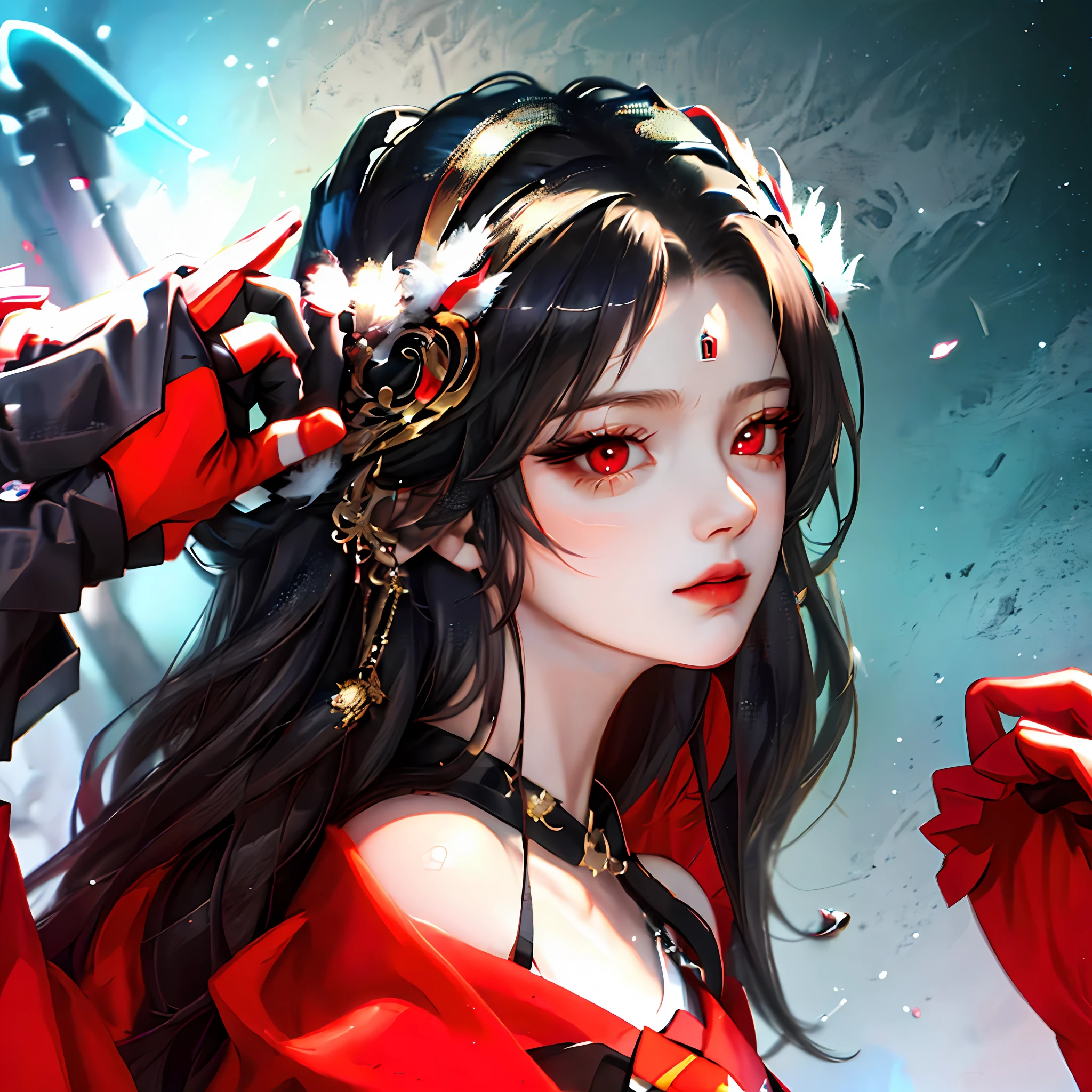 masterpiece, high quality, luci\(obeyme\),male_focus, solo, 1boy, black gloves,red eyes, looking at viewer, cool,from above,collarbone,loosen tie,First-person pov,Kabe-Don,scorn, junjie yan,
