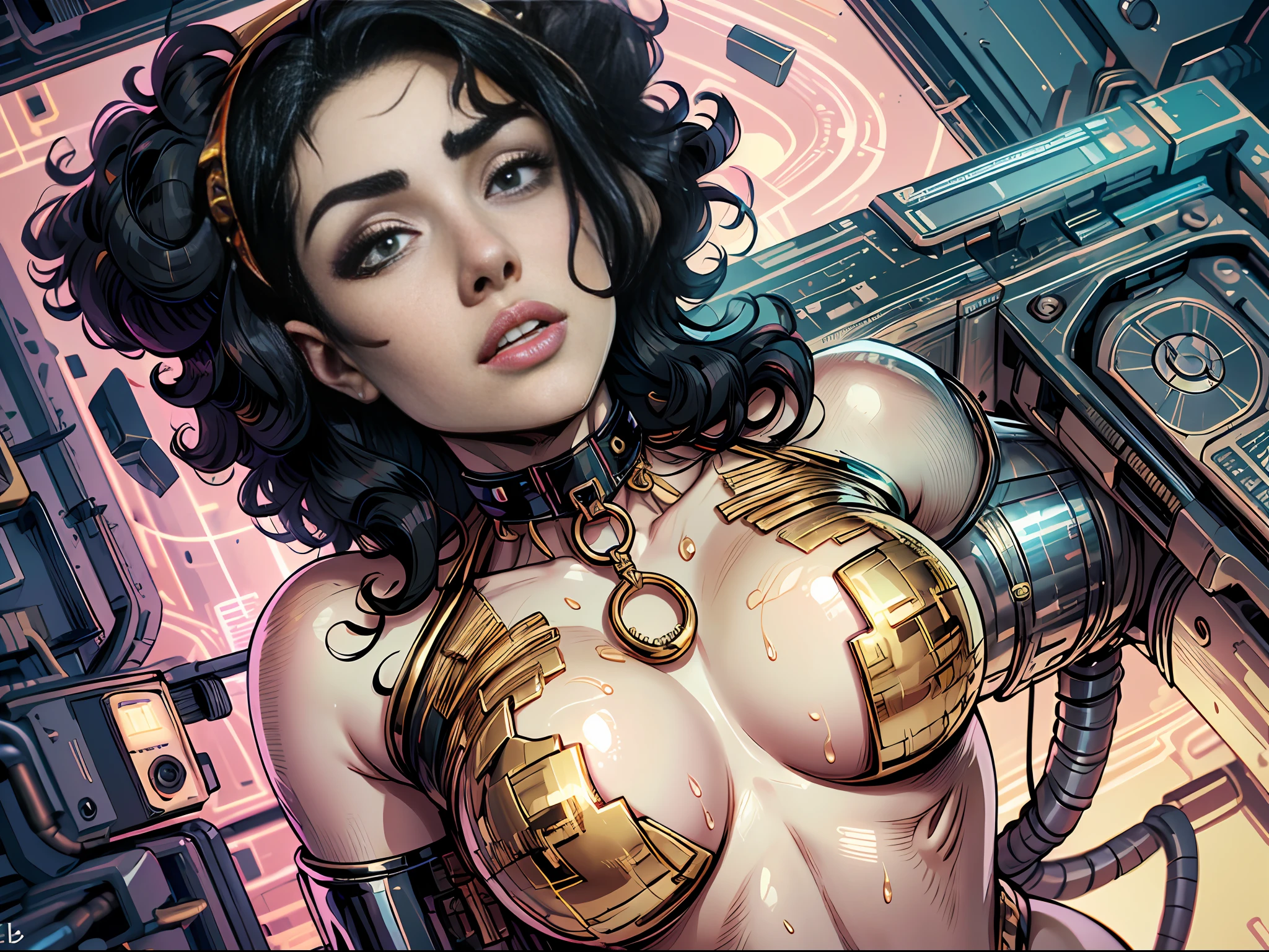 Girl naked in gold body jewelry, Highly Detailed Face and Skin Texture, ((white skin)) big green eyes, slim face, juicy lips, bimbo lips, big puffy breast, Tiny breastplates ((afro curly Black hair)), pale skin, Detailed Eyes, Double Eyelids, cyberpunk gold metal jewelry BDSM, gold metal cyberpunk tapes on body, metal Collar, metal gold futuristic tiny Panties t-strings, metal Tiny panties, metal stickini, metal cupless bra, metal clothes, gold body jewelry, wet skin, she is naked. White skin, she is on the futuristic cyberpunk white and Black room in the spacecraft. Ring in the nose.