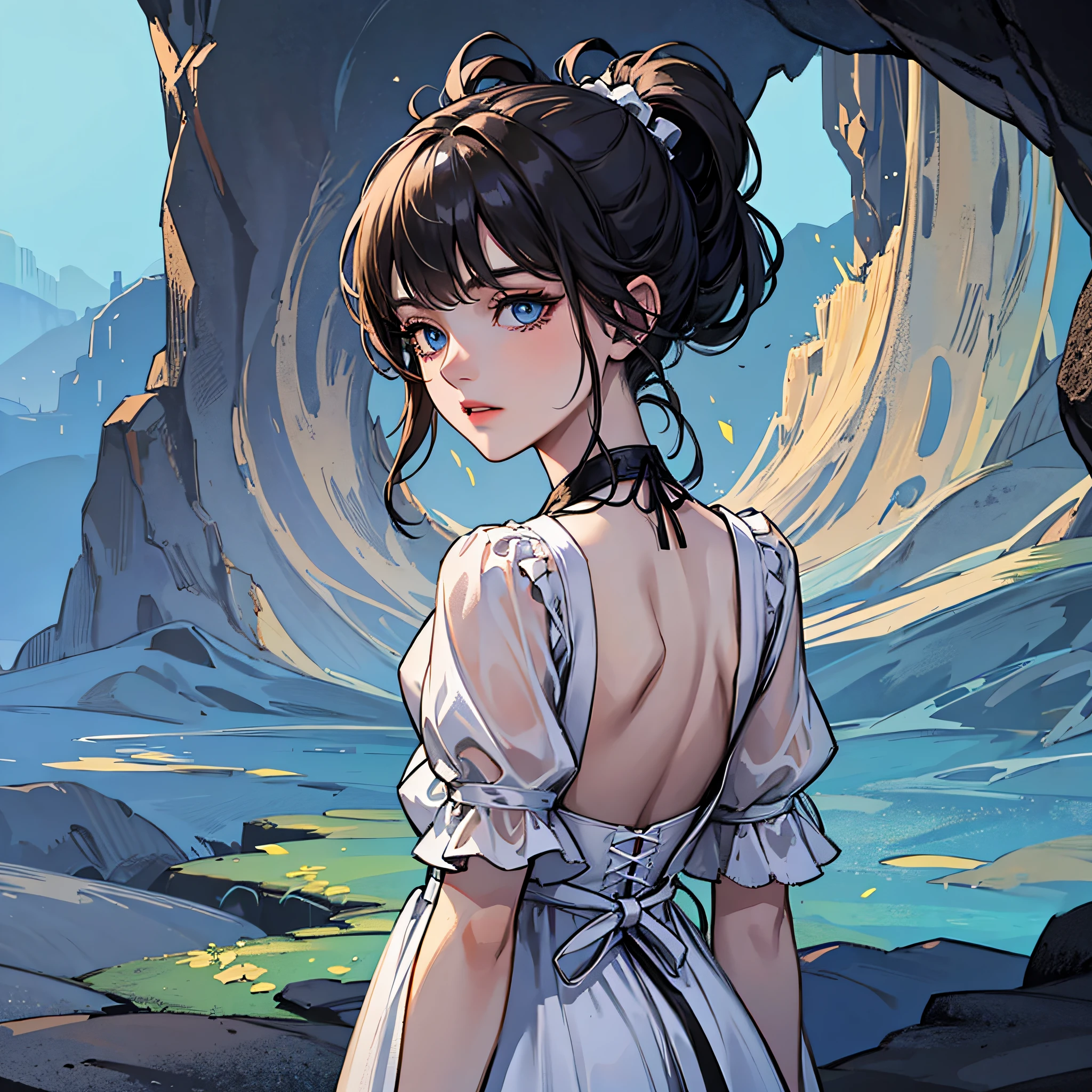 A girl with a black ponytail,wearing white dress,Blue eyes,In a gloomy cave,on back,There was a dark shadow in the distance