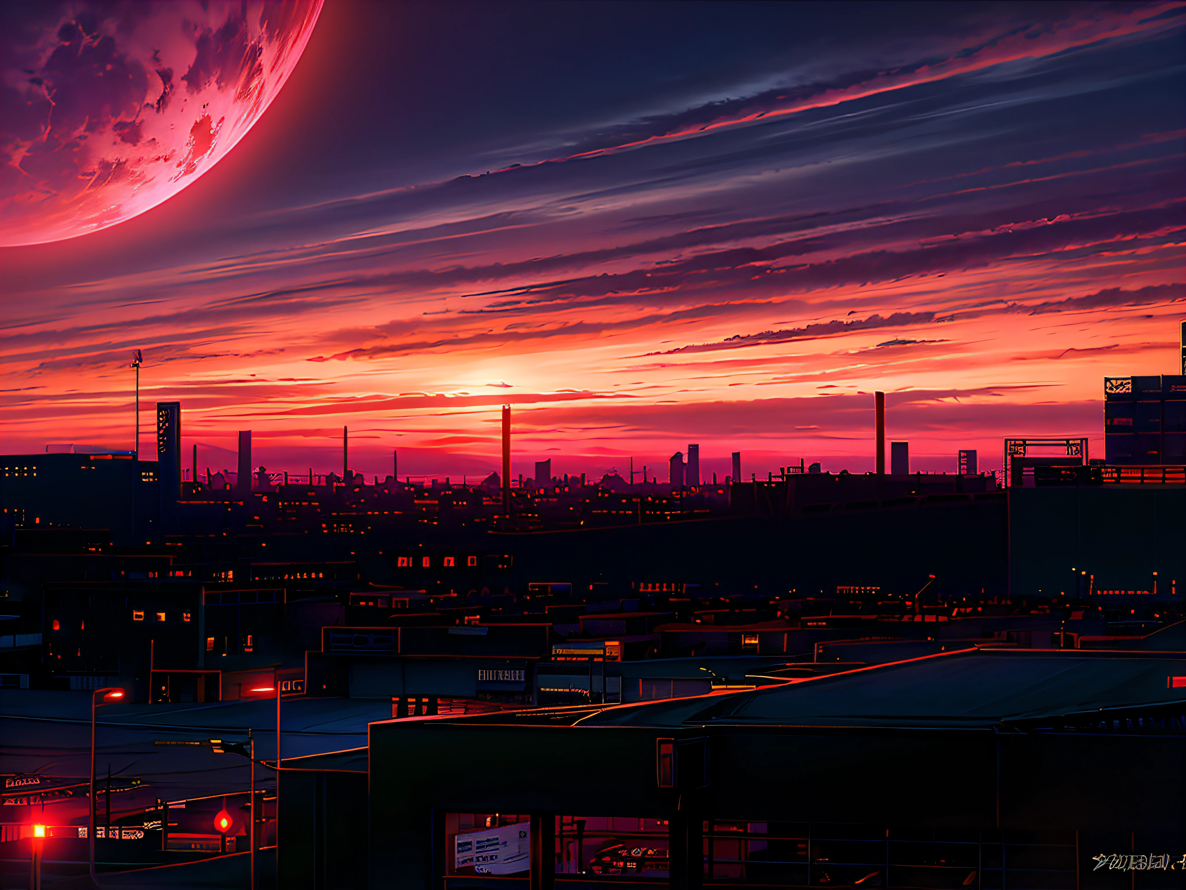 sunset view of a city with a factory in the distance, moody sunset in background, moody sunset, real sunset, nuclear sunset, blood red colored sky, red eerie sky, sunset view, redpink sunset, the most beautiful sunset, colorful sunset!!, orange and red sky, sunset with cloudy skies, cloudy sunset, moody sunset and dramatic sky, sky setting