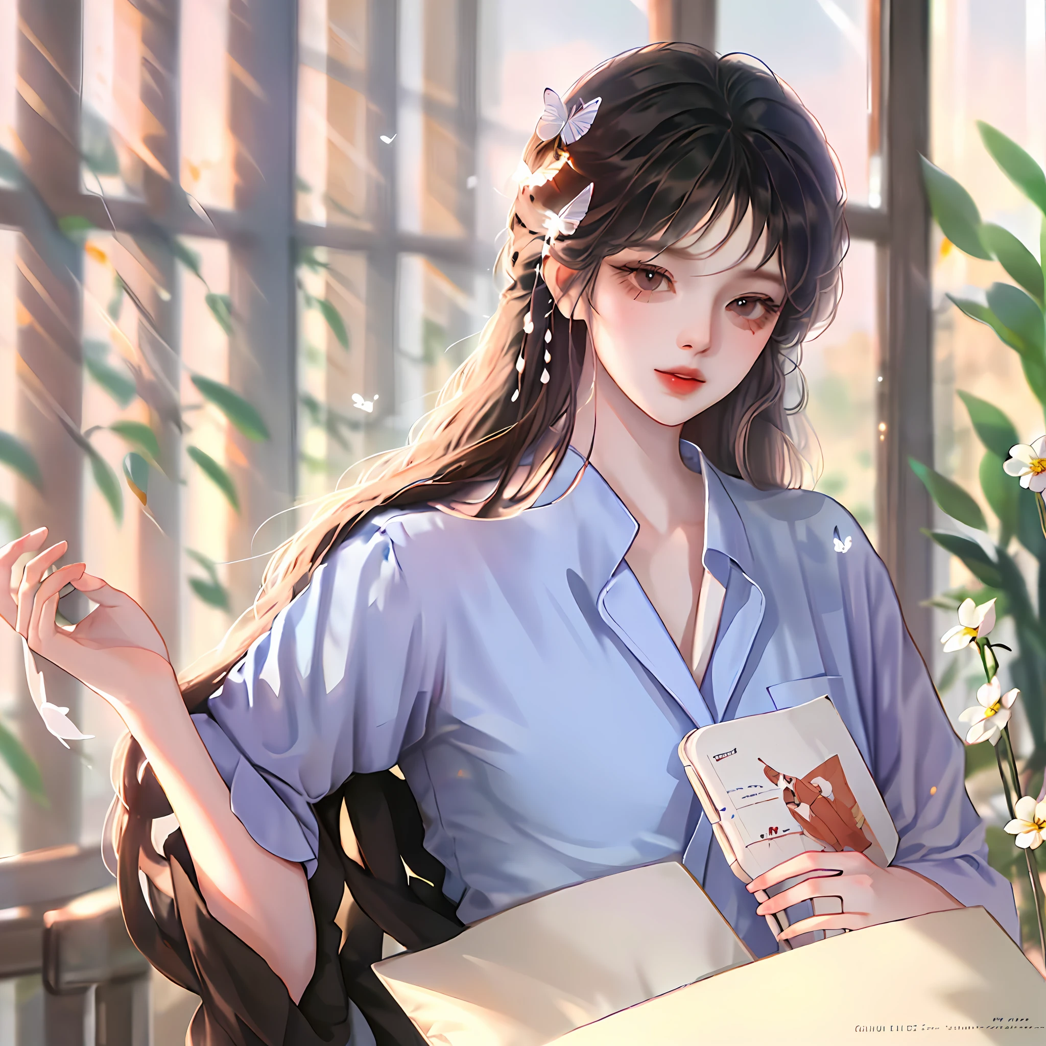 2 boy, a person with wings is flying, a person in a shirt and trousers is reading a book by the window with flowers, butterflies flying around, (absurdres, highres, ultra detailed, HDR), masterpiece, best quality, sunshine, style 4K, style 8K,