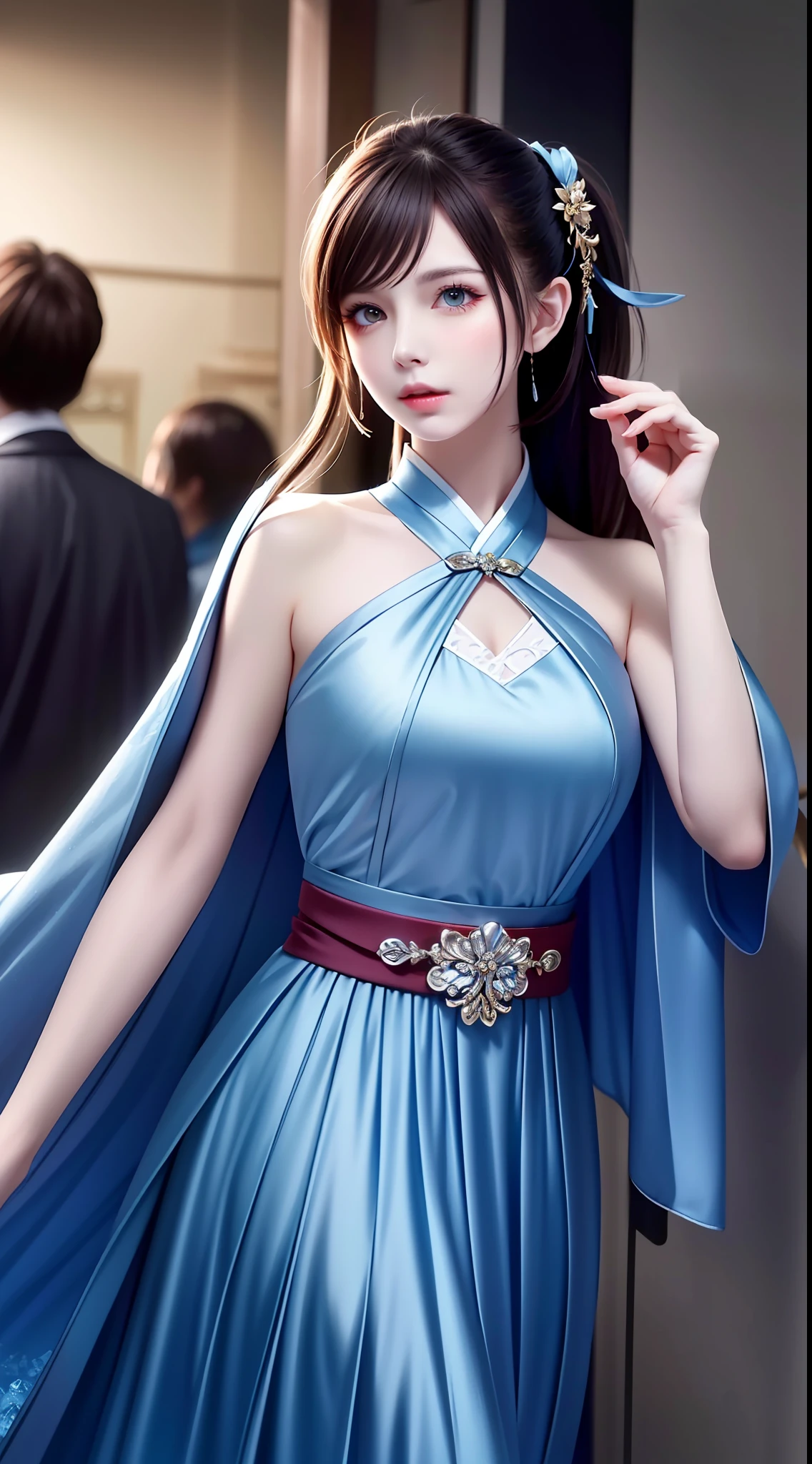 Hanfu, National Style 3.2, Full Body, Walking Posture, Slow Motion, Men Wear Full Body Multi-layered (Heavy Robe: 1.2), (Blue Ice Flower Long Dress: 1.2), Gloves, (Very Detailed, Bloom: 1.5), (Highest Quality, Alessandro Casagrande, Greg Rutkowski, Sally Mann, Concept Art, 4k), (Analog: 1.2), (High Definition), (Detail Pupil: 1.1), (Painting: 1.1), (Digital Painting: 1.1), Detailed Face and Eyes, Masterpiece, Best Quality, (Highly Detailed Photo: 1.1), 8K, Realistic, (Ice Hair Color, Dynamic Hairstyle), (pureerosface_v1:0.1), Jeremy Mann, Sandra Chevrier, Maciej Kuciara, Sharp, (torn body: 1.1), realistic, realistic shadows, (ice background: 1.2), (Michelangelo), ohwx style<lora: (style of ohwx) masterpiece, best quality, (extremely detailed CG unity 8k wallpaper, masterpiece, best quality, ultra-detailed, best shadow), (detailed background), (beautiful detailed face, beautiful detailed eyes), High contrast, (best illumination, an extremely delicate and beautiful), (girl:1.5), ((Not relevant)), ((caustic)), dynamic angle, beautiful detailed glow, (portrait:0.2),dynamic angle, beautiful detailed glow, (portrait:0.2),pigtail,full body,