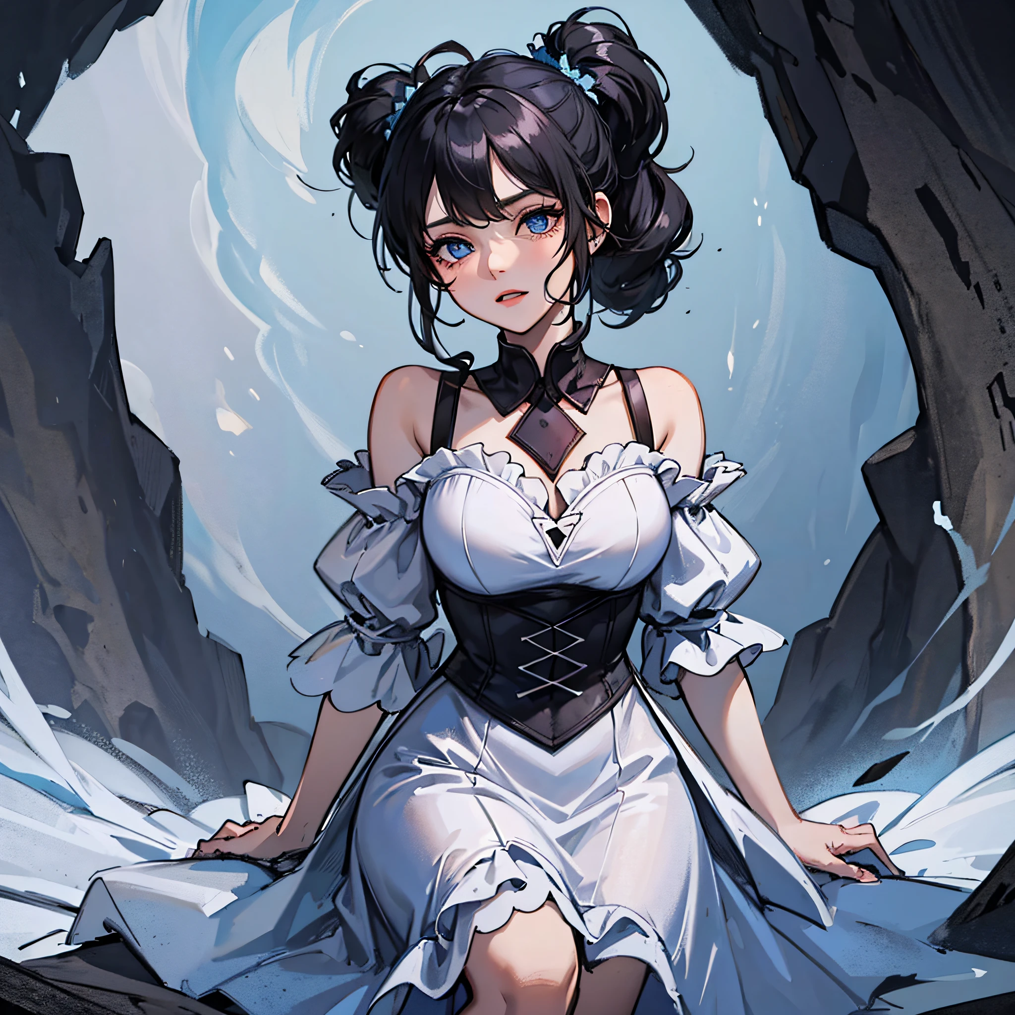 A girl with a black ponytail，wearing white dress，Blue eyes，In a gloomy cave，on back，There was a dark shadow in the distance