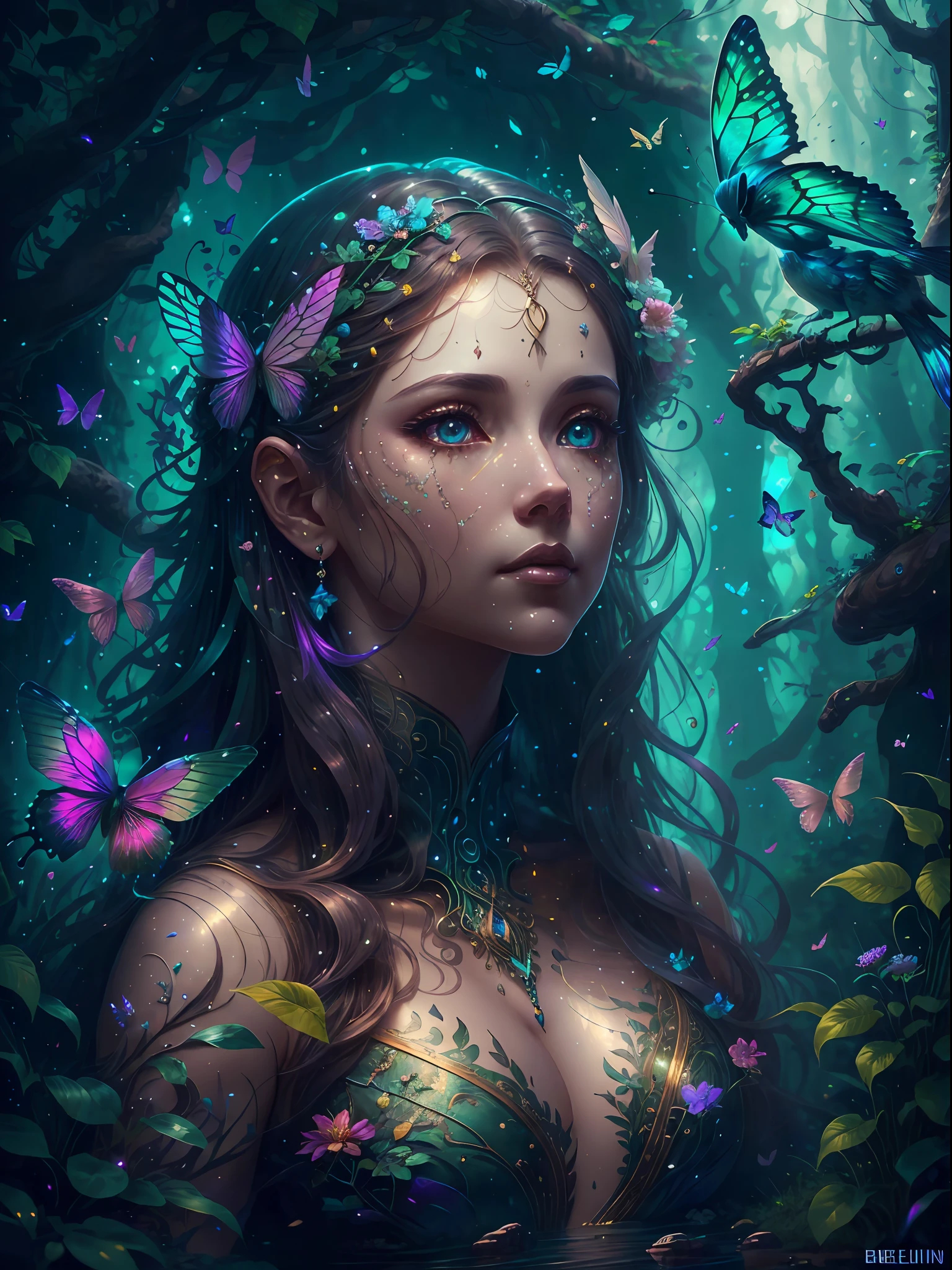 generate a petite and regal female forest nymph ((created in the style of Ruan Jia artstation)). head, torso, hips in frame. The woman should have a beautifully detailed face and eyes with realistic shading and realistic details. Her mouth should be wide, her lips should be full and soft, and her face should look mature and (middle-aged). She should be in an enchanting, whimsical, and lush vegetation (created in the style of Steven Belledin). include ethereal glow, mystical creatures, vibrant colors, dreamlike atmosphere, realism. wideshot showing landscape. include phantasmal iridescence and fantasy details, bumps, ornate. include beautiful colorful flowers multicolored, a few highly detailed and realistic iridescent butterflies, a few highly detailed and realistic fantasy birds