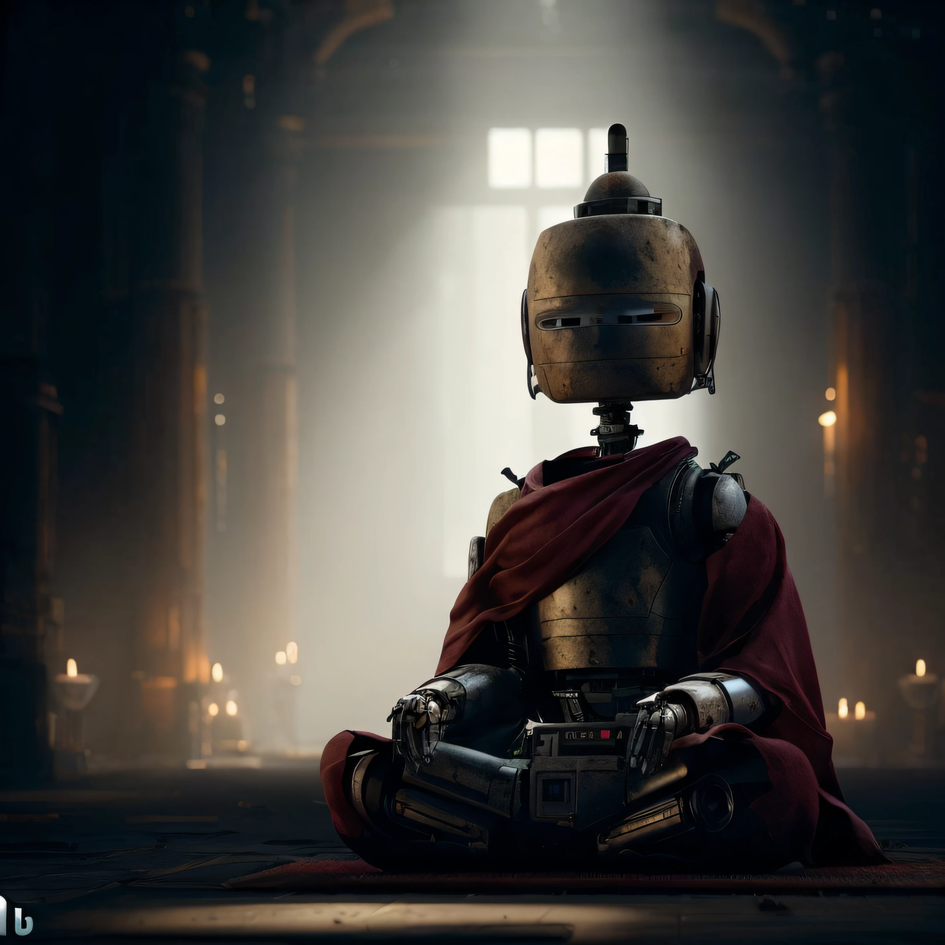 arafed robot sitting in a meditation position in a dark room, um ciborgue meditando, Personagem pequeno. Motor Unreal 5, cinematic unreal engine 5, Feito em Unreal Engine 5, estilo fantasia 8 k octane render, renderizado no Unreal Engine 5, Unreal Engine 5 altamente renderizado, cinematic render unreal engine, 8 k filme ainda, Zen Cyberpunk Meditation