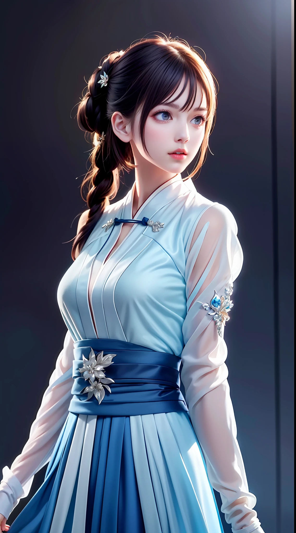 Hanfu, National Style 3.2, Full Body, Walking Posture, Slow Motion, Men Wear Full Body Multi-layered (Heavy Robe: 1.2), (Blue Ice Flower Long Dress: 1.2), Gloves, (Very Detailed, Bloom: 1.5), (Highest Quality, Alessandro Casagrande, Greg Rutkowski, Sally Mann, Concept Art, 4k), (Analog: 1.2), (High Definition), (Detail Pupil: 1.1), (Painting: 1.1), (Digital Painting: 1.1), Detailed Face and Eyes, Masterpiece, Best Quality, (Highly Detailed Photo: 1.1), 8K, Realistic, (Ice Hair Color, Dynamic Hairstyle), (pureerosface_v1:0.1), Jeremy Mann, Sandra Chevrier, Maciej Kuciara, Sharp, (torn body: 1.1), realistic, realistic shadows, (ice background: 1.2), (Michelangelo), ohwx style<lora: (style of ohwx) masterpiece, best quality, (extremely detailed CG unity 8k wallpaper, masterpiece, best quality, ultra-detailed, best shadow), (detailed background), (beautiful detailed face, beautiful detailed eyes), High contrast, (best illumination, an extremely delicate and beautiful), (girl:1.5), ((Not relevant)), ((caustic)), dynamic angle, beautiful detailed glow, (portrait:0.2),dynamic angle, beautiful detailed glow, (portrait:0.2),pigtail,full body,