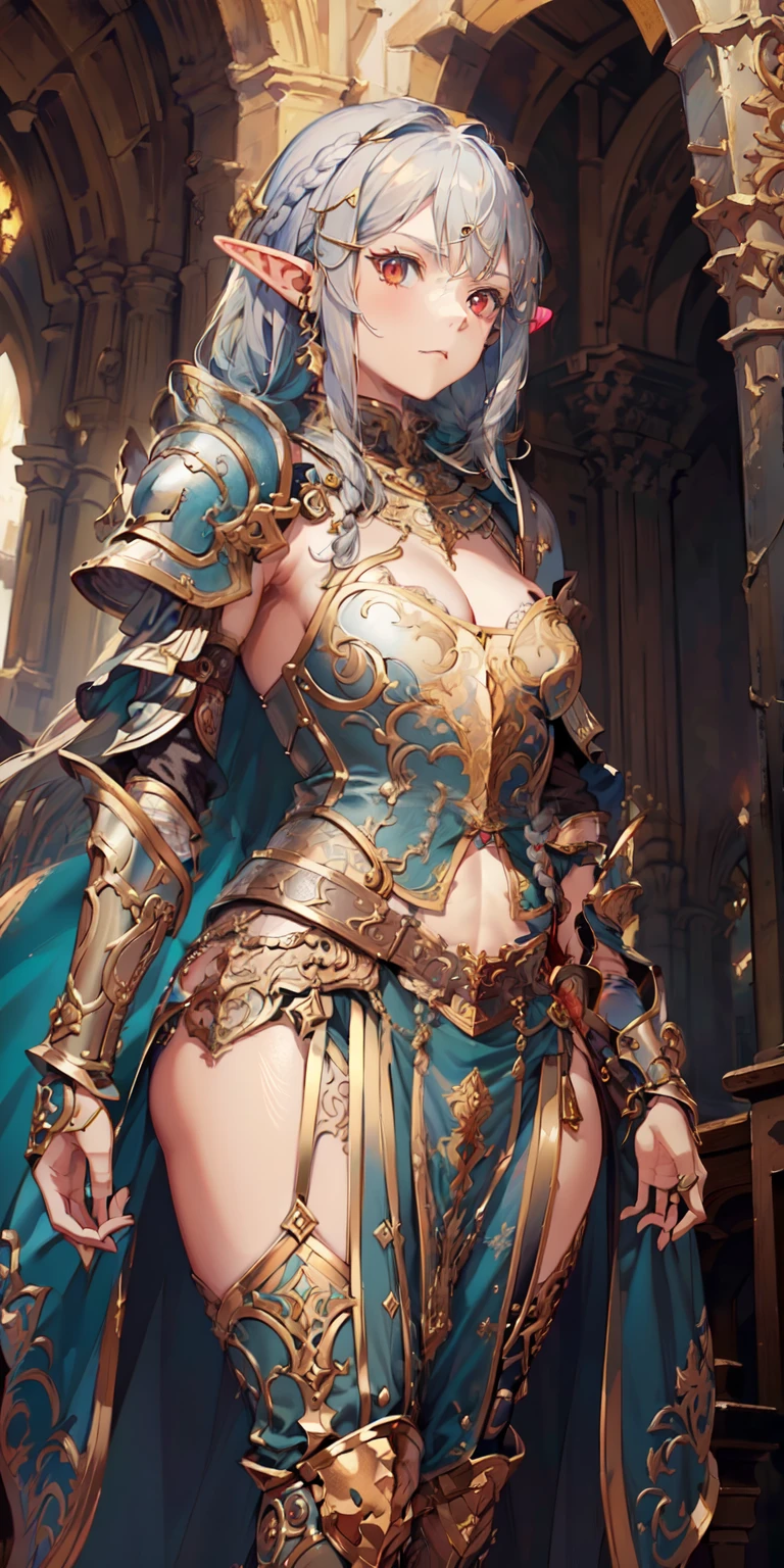 (full plate gothic armor, breastplate, blue cape, long full skirt, covered legs ), detailed vibrant eyes, Perfect features, (masterpiece), (best quality:1.4), intricate details, moist skin, shiny skin, glossy skin, (masterpiece, best quality, good quality:1.4), intricate details, (detailed background, medieval town, blue sky), (cinematic lighting, best illumination, colorful), (1girl, solo, elf girl, glowing red eyes, short braided hair, silver hair, elven_ears, sharp face, serious face, thicc_thighs, big ass, very wide hip, small breasts, stern look, lean body, perfect hand, tall, gold hair ornament), hands crossed, looking at viewer