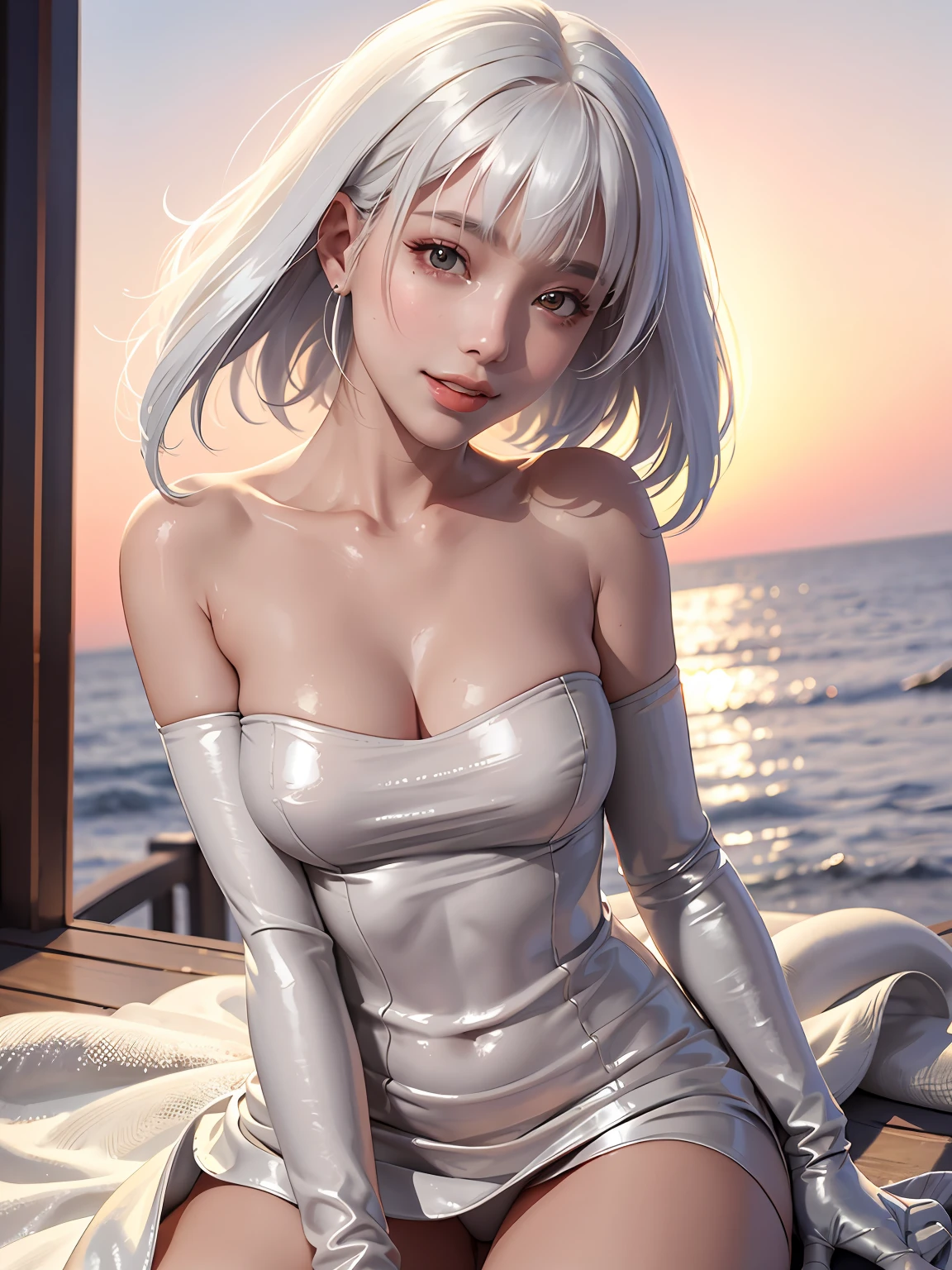 a radiant girl with vibrant hair, glowing skin, and a heavenly aura, basking in the dazzling sunlight with her mesmerizing silver-pink gradient locks, enjoying the serene beauty of the seaside, as her bare legs embrace the warmth.