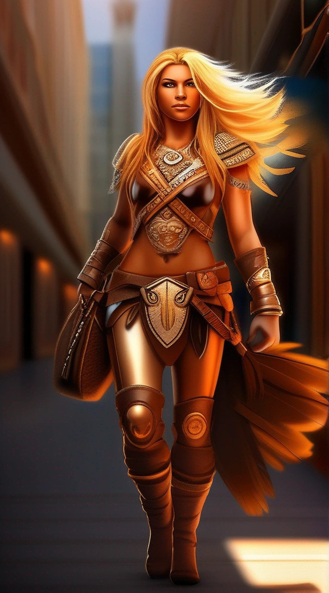 A beautiful brave warrior realistic woman with flowing golden locks, com o rosto perfeito, dressed in leather armor adorned with feathers and tribal symbols, carrying in his hand an executive bag. She's walking in a shopping mall,with business buildings. The sun hovers low in the sky, casting a warm orange glow over the scene. O vento chicoteia pelos cabelos da mulher guerreira guerreira