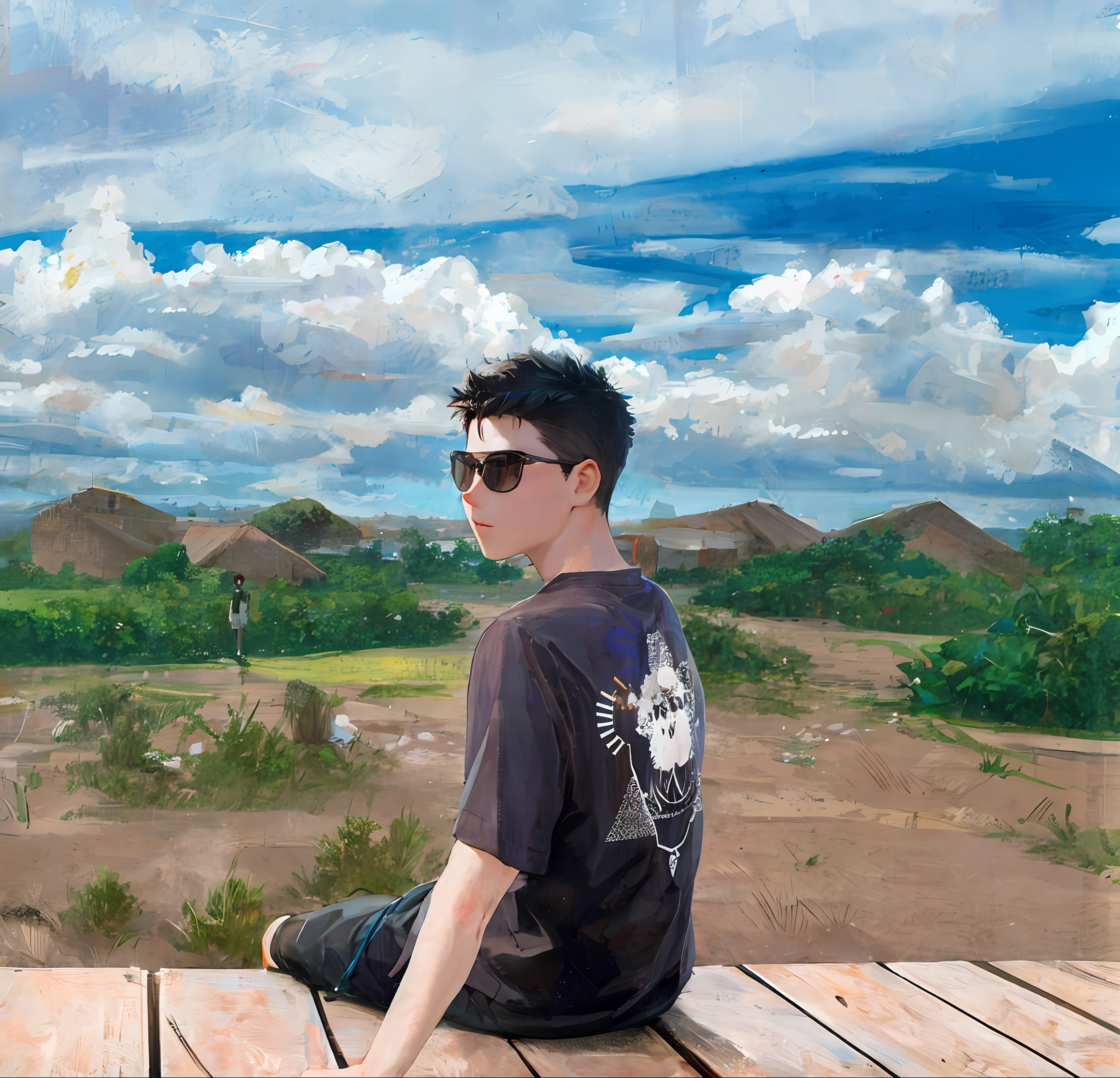Young Burmese man looking at sunset, poor style, forest, mountain nature, clothes, old, tattered shirt, detailed, natural, realistic, realistic, detailed, 8K