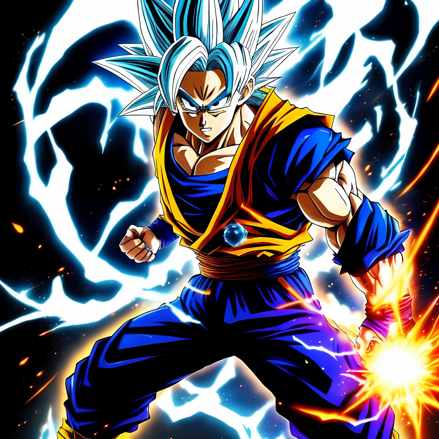 Close-up with blue Goku picture, Super Saiyan Blue, this character has cryokinesis, ultra instinct, an epic anime of a energy man, character dragonball, transforming into his final form, powerful stance, with ice powers, glowing black aura, powerful pose, super super dynamic dynamic pose, dramatic powerful pose, human goku --auto