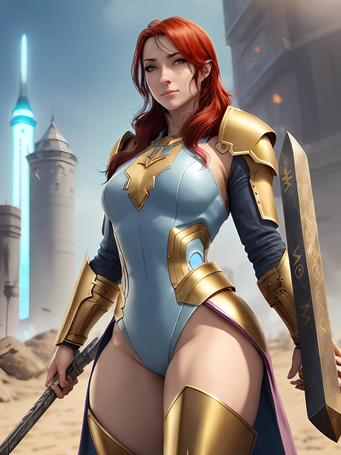 Paladin, power pose, inocent eyes, serenity expression, sci-fi, future, futuristic, Cyberpunk,  Redhead, Muscular, Athletic, Beautiful, Element Thunder, holy Element, armed with War Hammer, with a tower shield, with a metallic white light-blue silver golden Full Armor, Herald of Hope, angelawhite