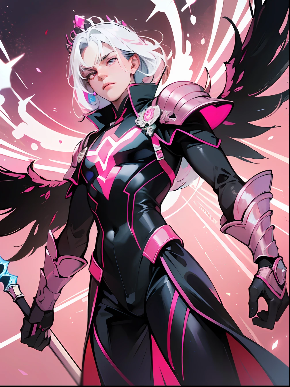(absurdres, highres, ultra detailed) 1 male, (pink neon futuristic 1980s theme:1), superhero, white hair, pink colored eyes, casting magic, ((pink witch costume)), wings crown, battle, villain, fighting, blasting magic, complex patterns, (dutch angle)
