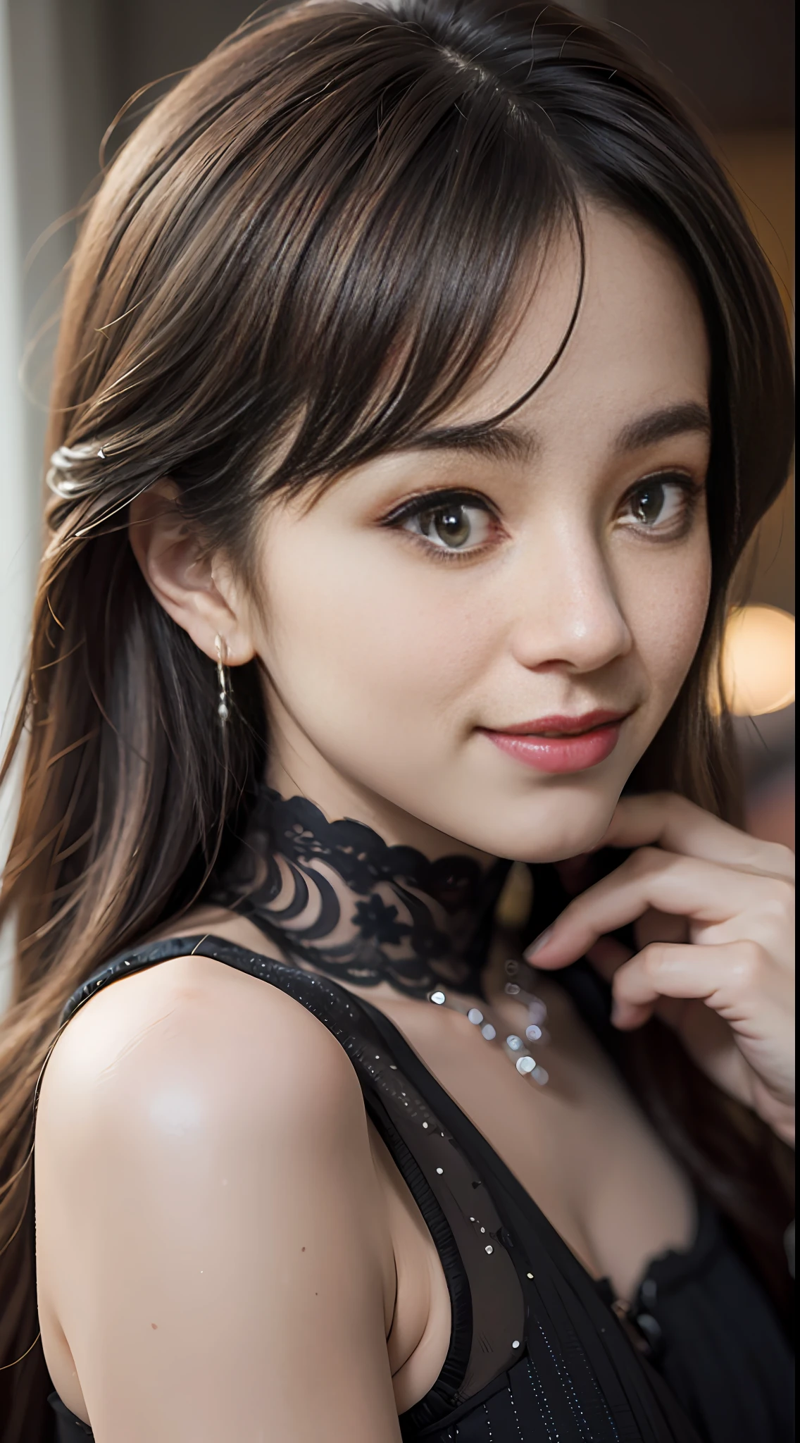 8K, Best Quality, Masterpiece, Ultra High Resolution, (Realistic: 1.4), Original Photo, (Realistic Skin Texture: 1.3), (Film Grain: 1.2), (Selfie Angle), 1 Girl, Beautiful Detailed Eyes and Face, Masterpiece, Best Quality, , Light Smile, Bust,